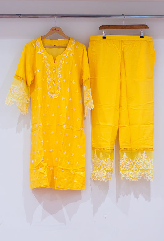 Bright yellow embroidered kurta pant set for women – product image 2