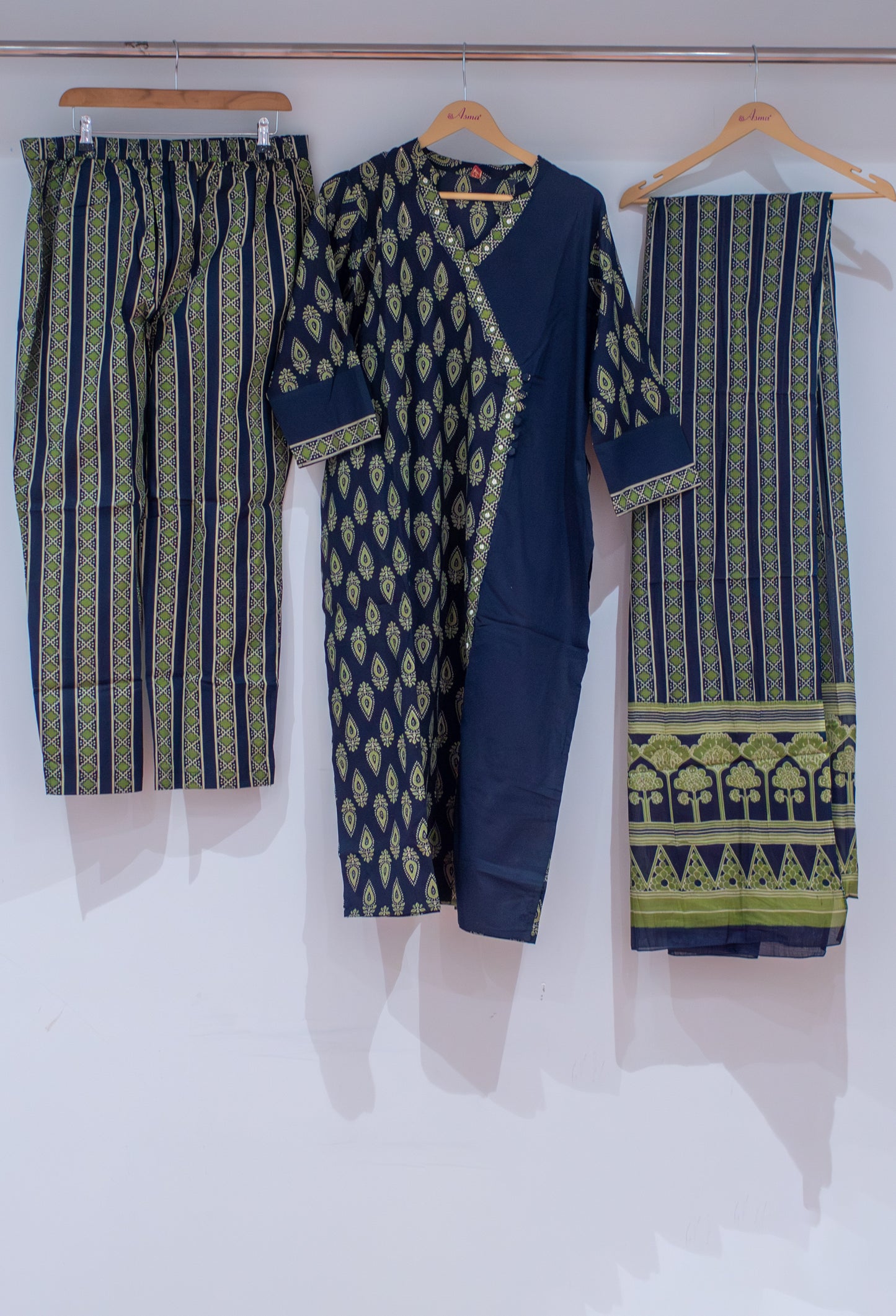 Navy Blue & Olive Green Printed Kurta Set with Dupatta