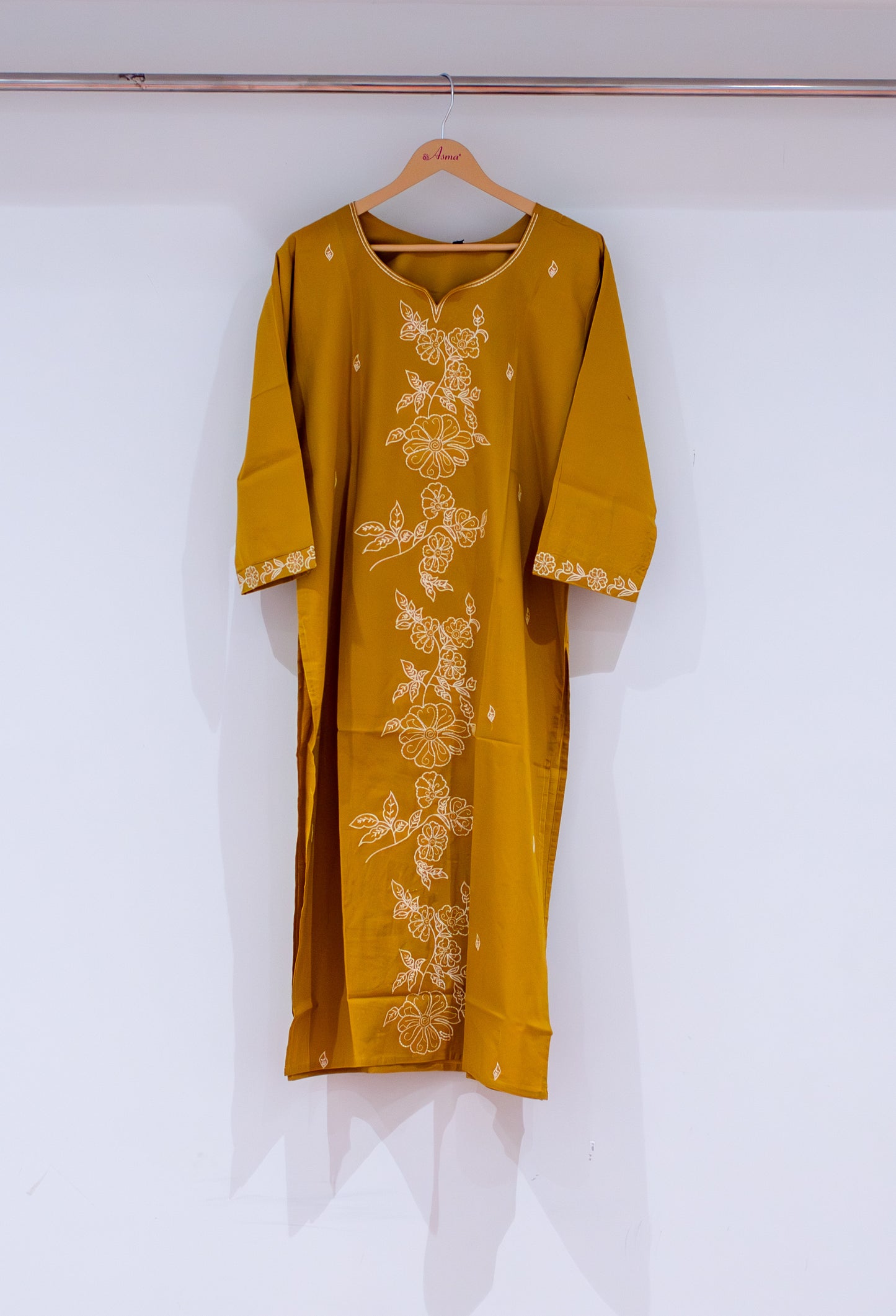 Mustard Yellow Floral Embroidered Straight Kurta for Women