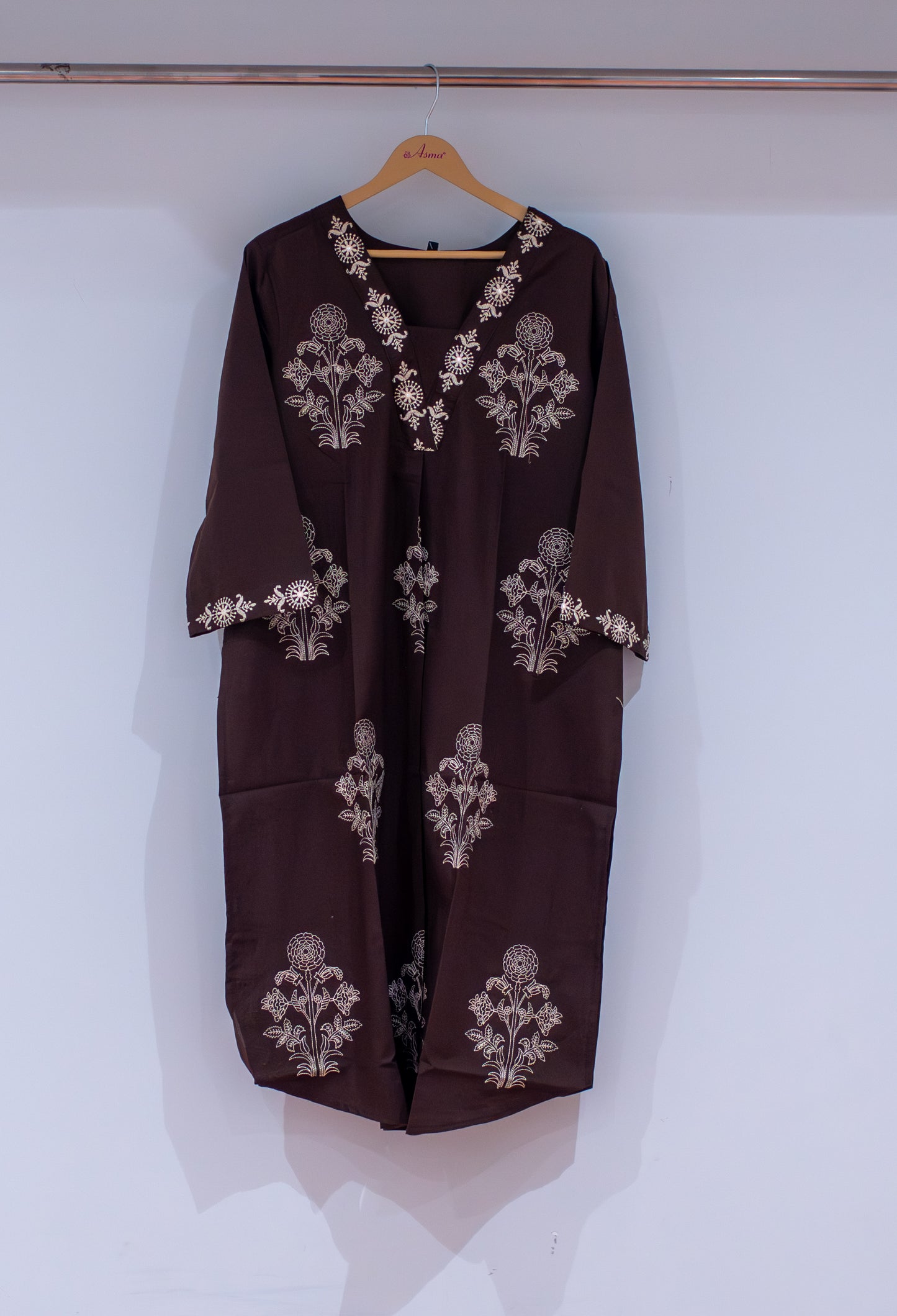 Dark Brown Floral Embroidered Kurta for Women