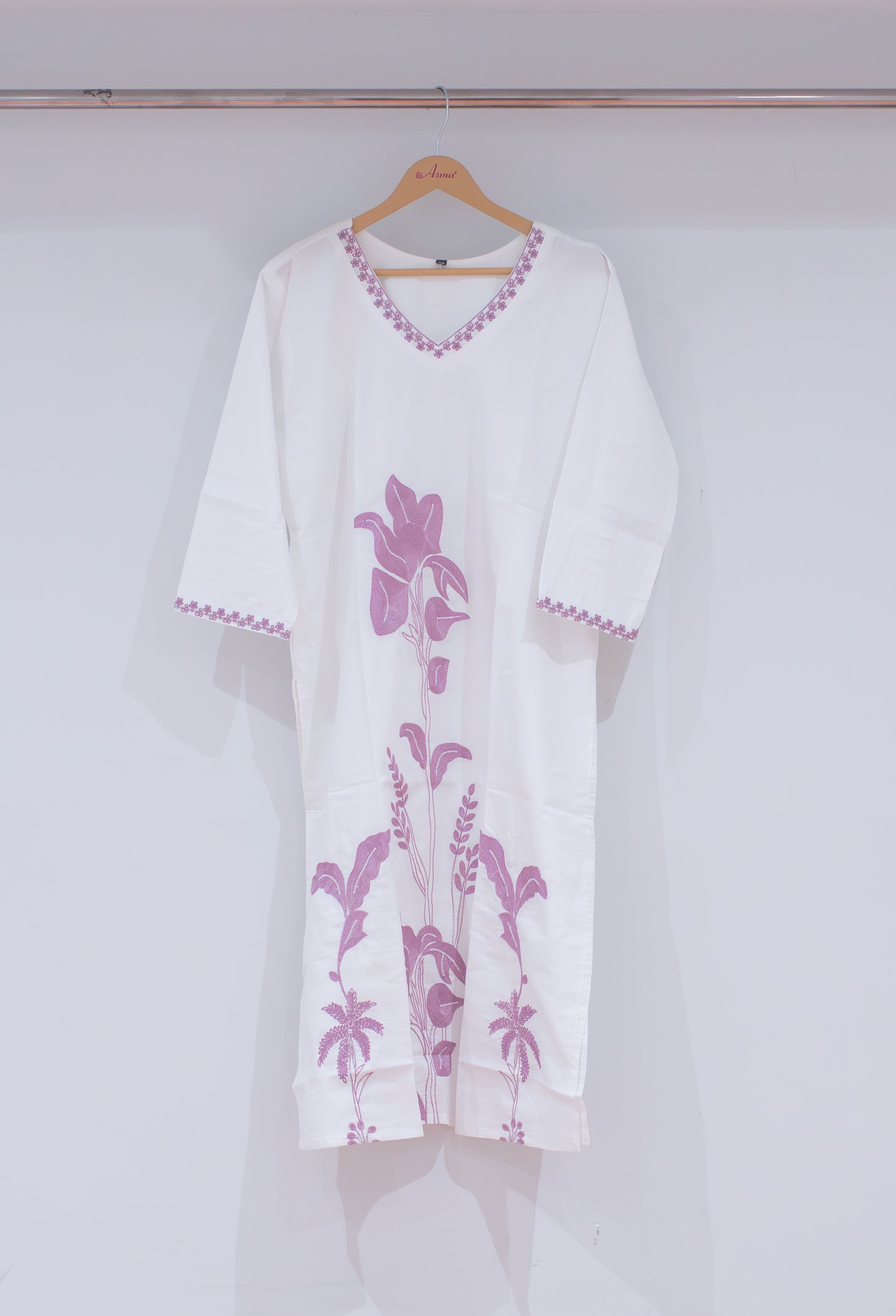 White Embroidered Straight Kurta for Women | Lavender Floral Kurti with V-Neck