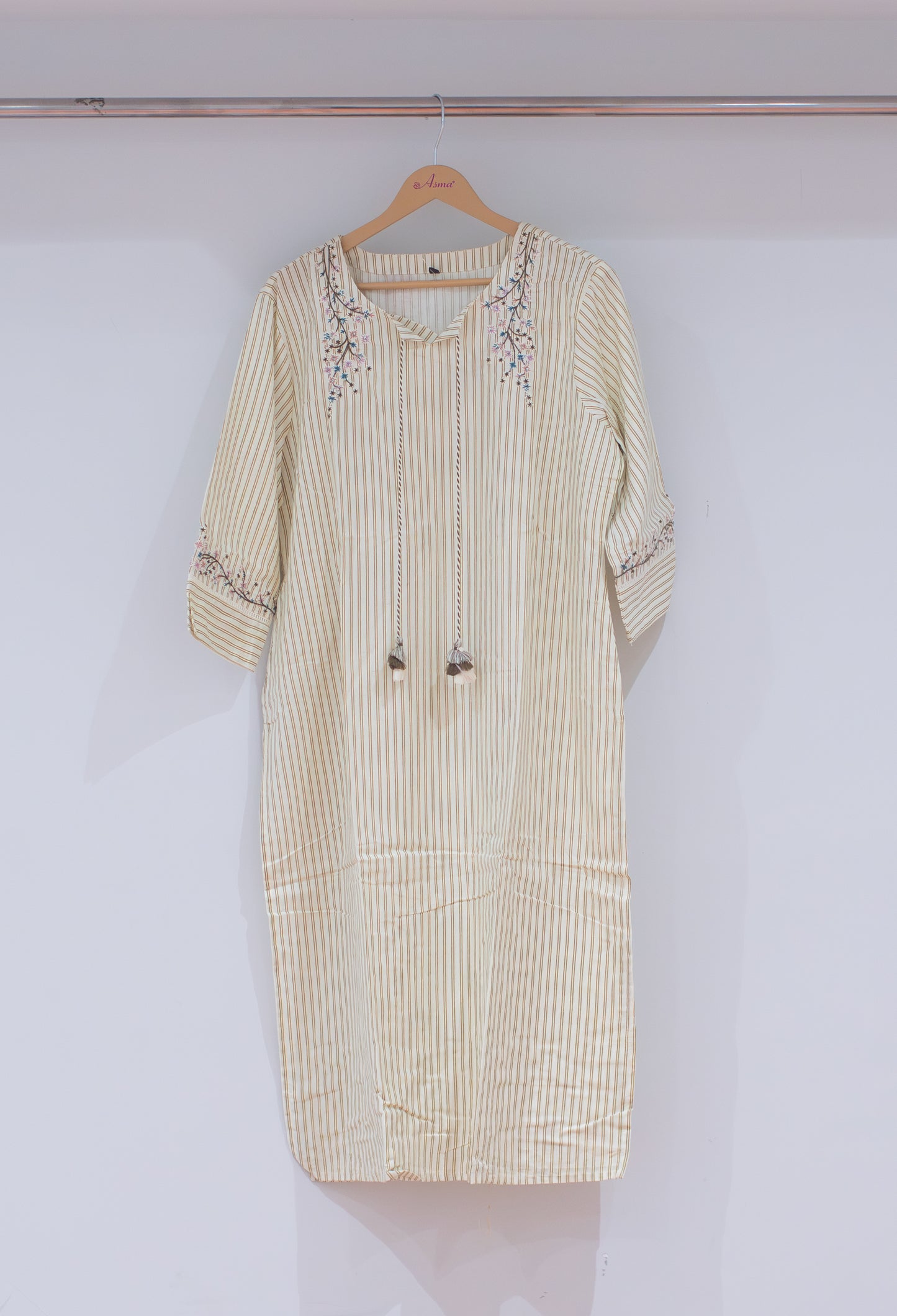 Cream & Beige Striped Embroidered Straight Kurta for Women | Tassel Detail Kurti with Floral Work
