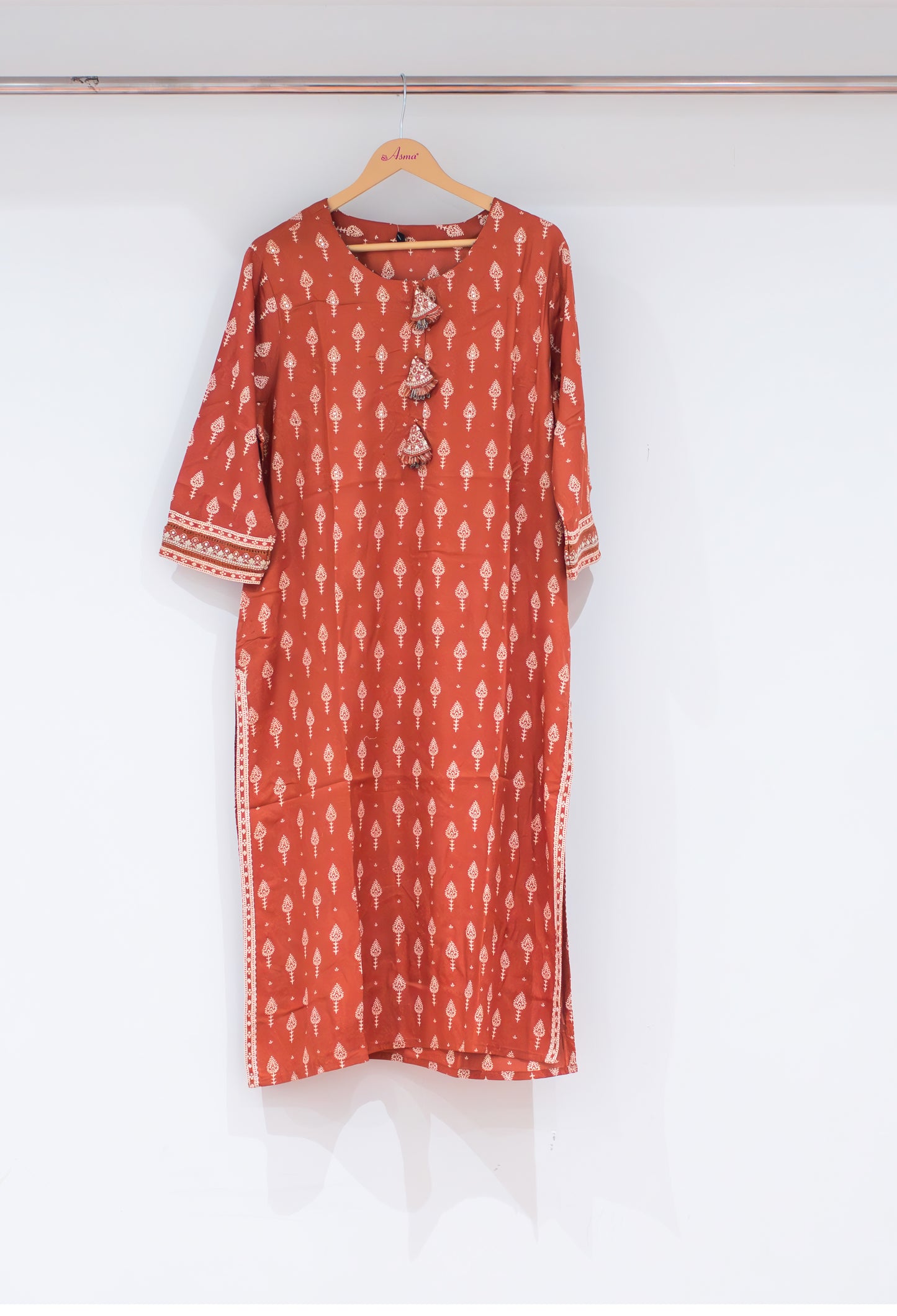 Rust Printed Straight Kurta for Women | Tassel Neck Ethnic Kurti
