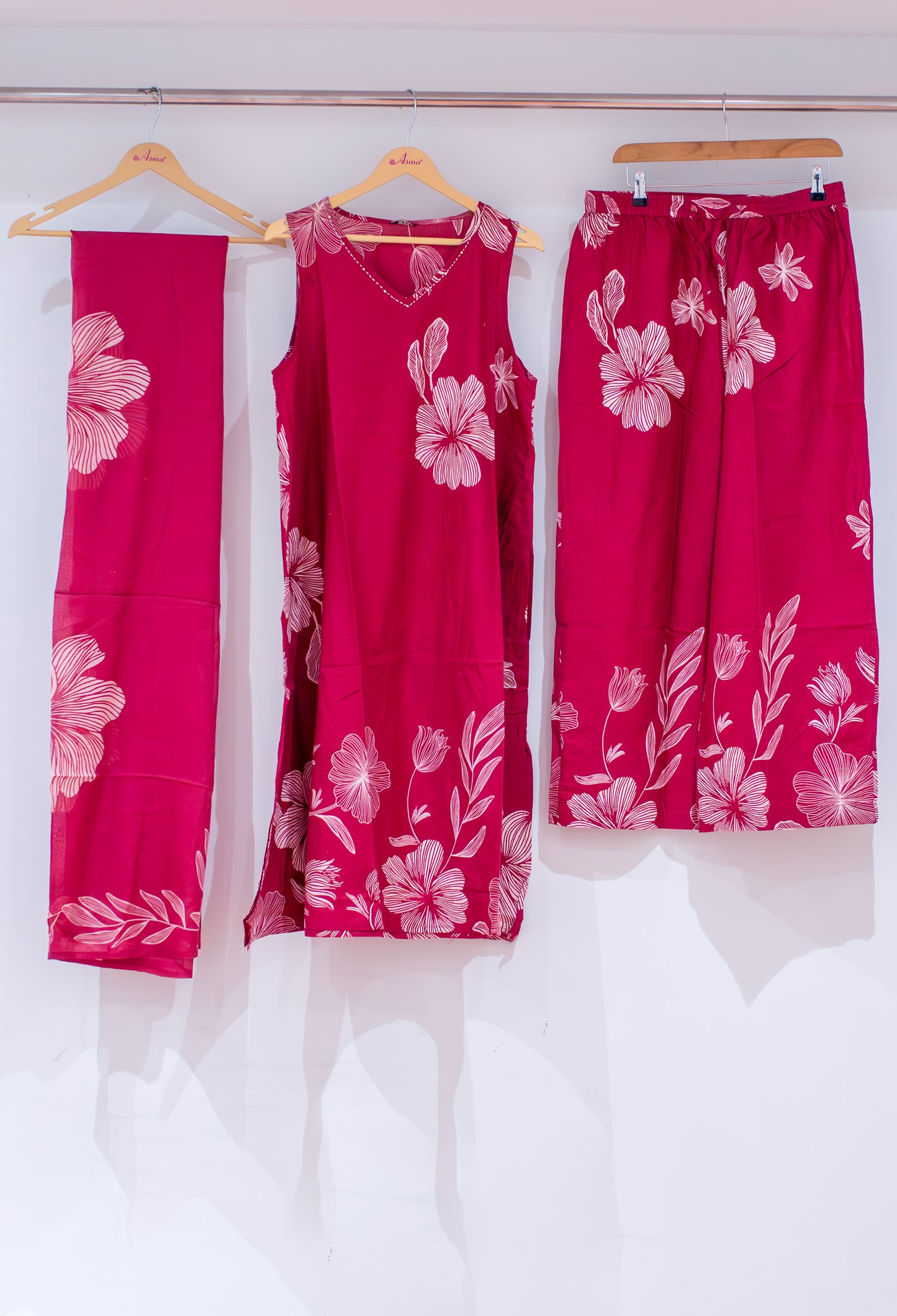 Rani Pink Floral Printed Kurta Set for Women | Sleeveless Kurti with Palazzo & Dupatta