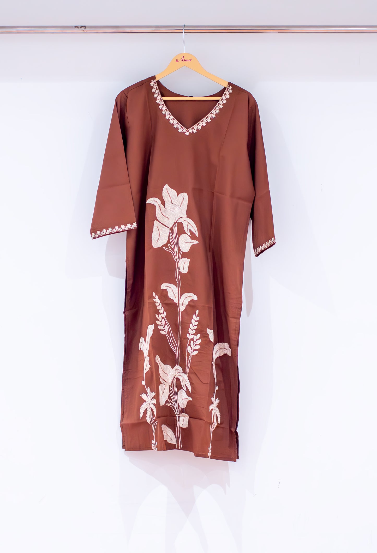 Brown Embroidered Straight Kurta for Women | Floral Work Kurti with V-Neck