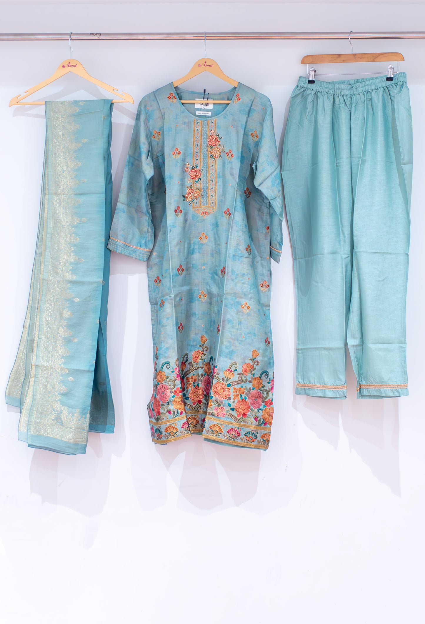 Aqua Blue Straight Cut Floral Embroidered Kurta Pant Dupatta Set for Women