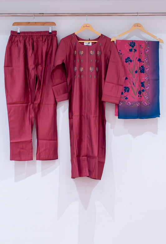 Maroon straight cut embroidered kurta pant dupatta set for women – product image 2