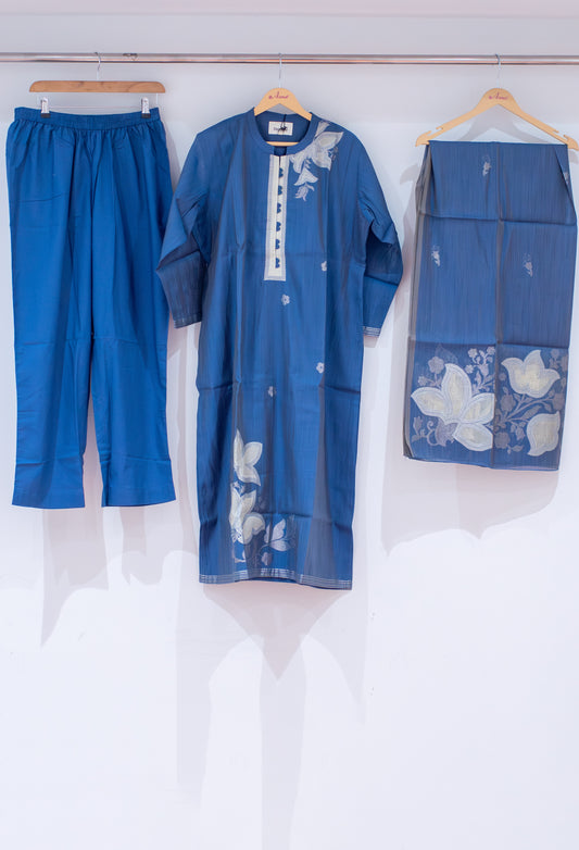 Teal blue straight cut floral embroidered kurta pant dupatta set – product image 2