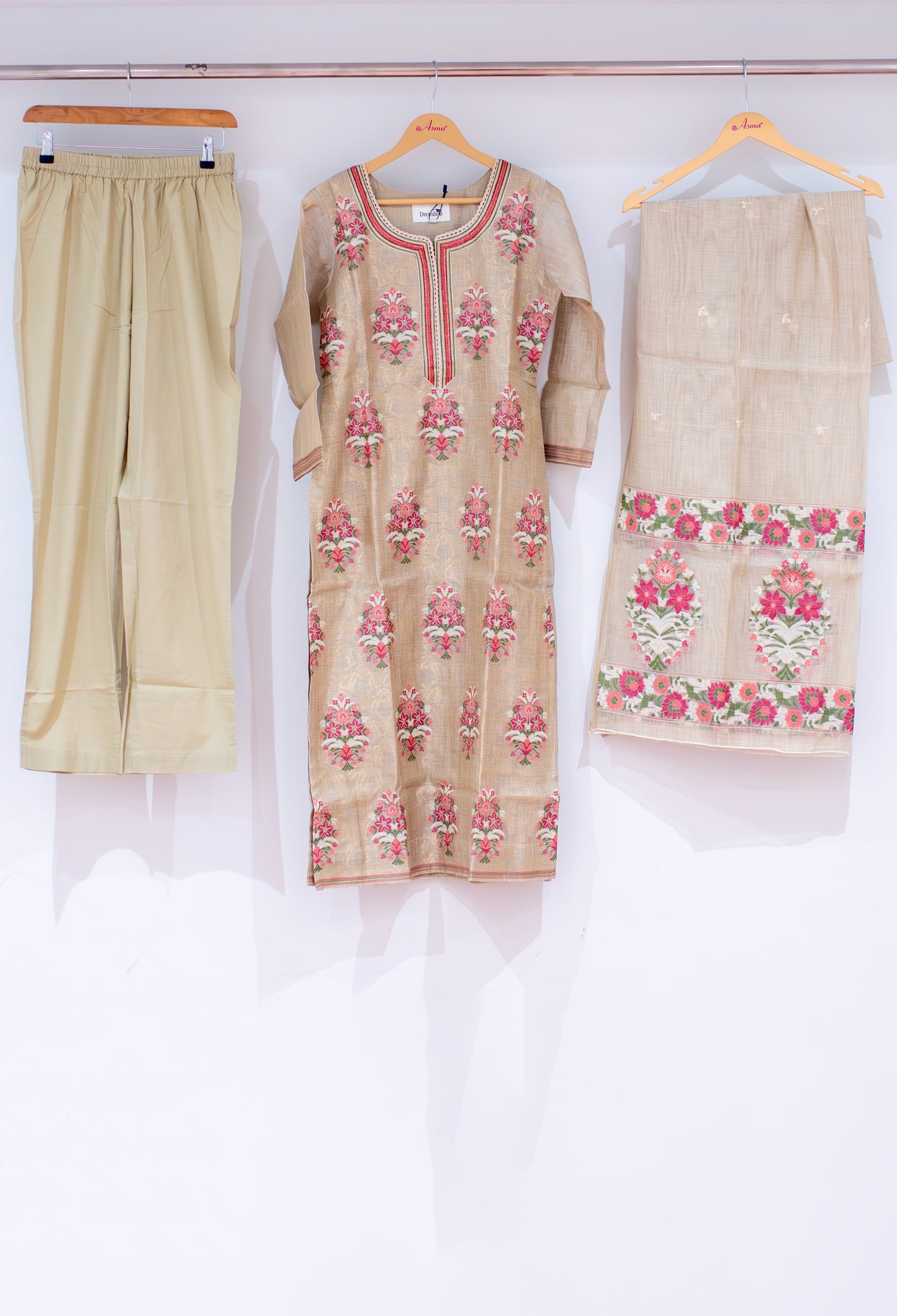 Beige Straight Cut Floral Embroidered Kurta Pant Dupatta Set for Women