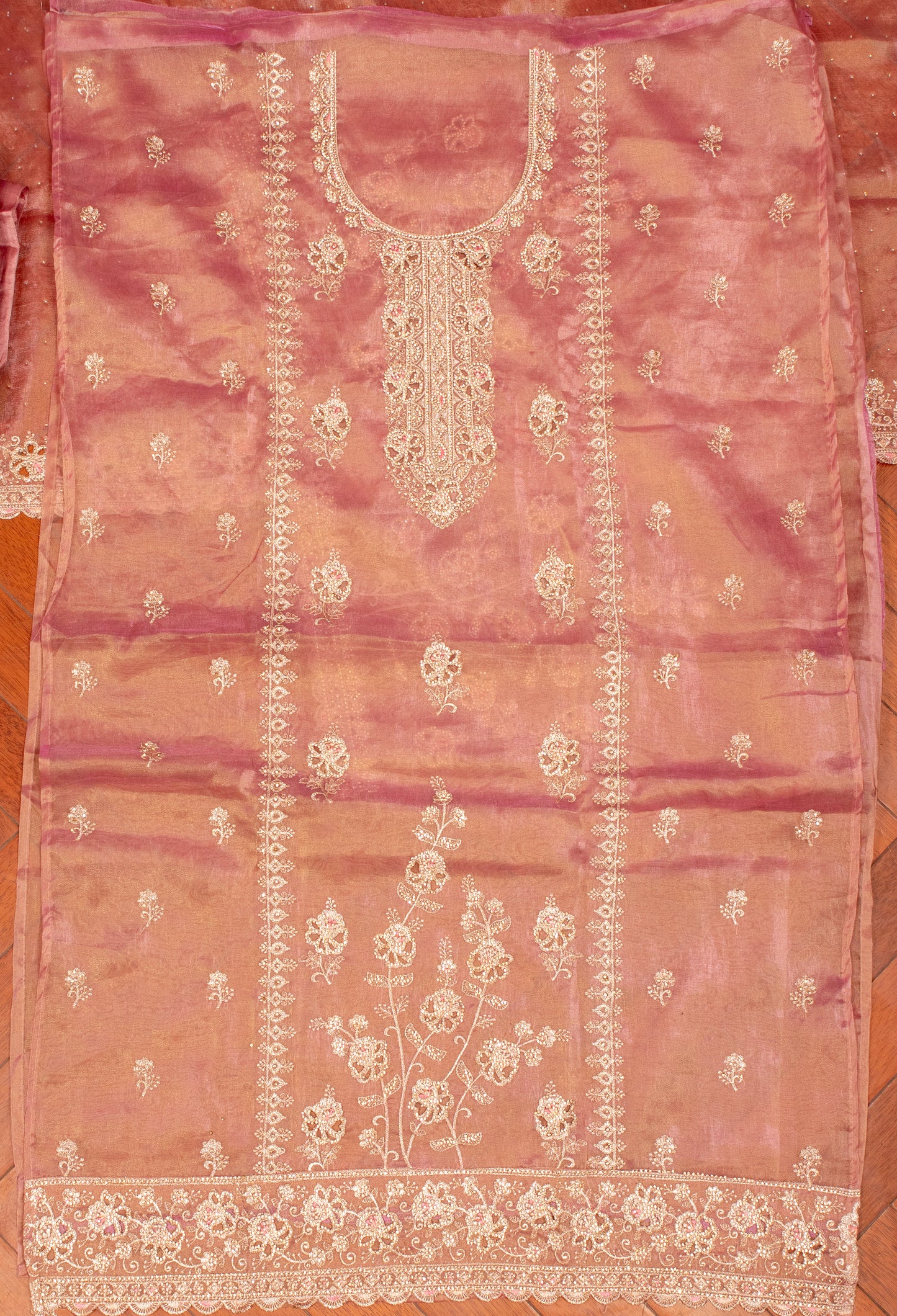 Peach Ombre Embroidered Unstitched Dress Material with Dupatta