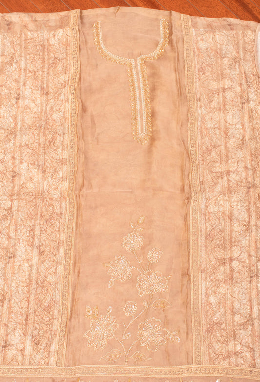 Beige embroidered unstitched dress material with dupatta and bottom – product image 2