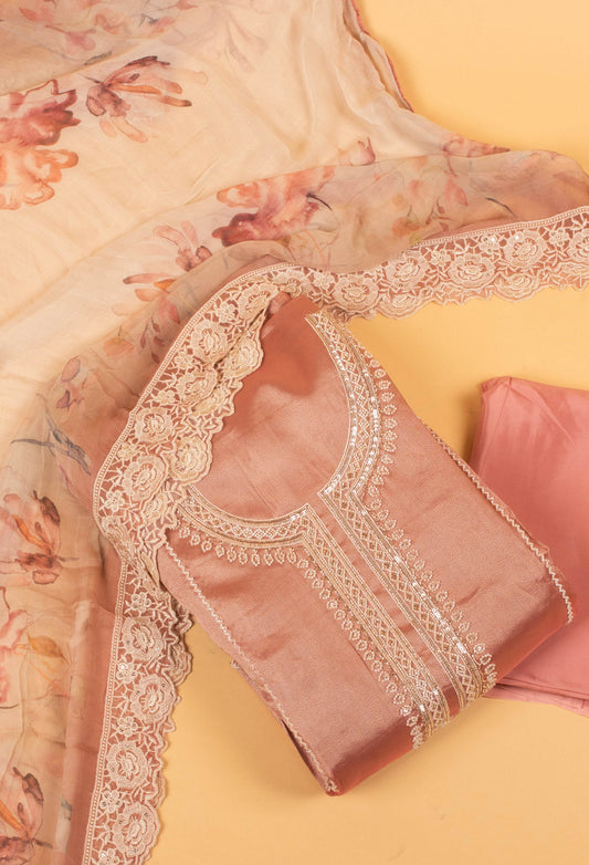 Peach floral embroidered unstitched dress material with lace dupatta – product image 2
