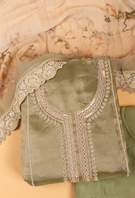 Sage green embroidered unstitched dress material with lace dupatta – product image 2