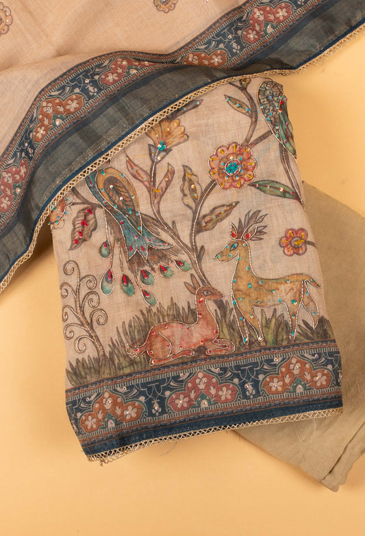 Beige handcrafted embroidered unstitched dress material with printed dupatta – product image 2