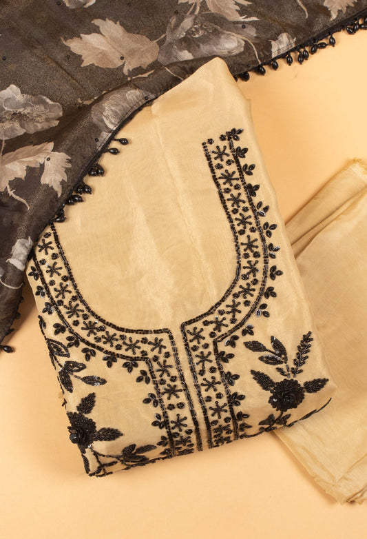 Cream embroidered unstitched dress material with floral printed dupatta – product image 2