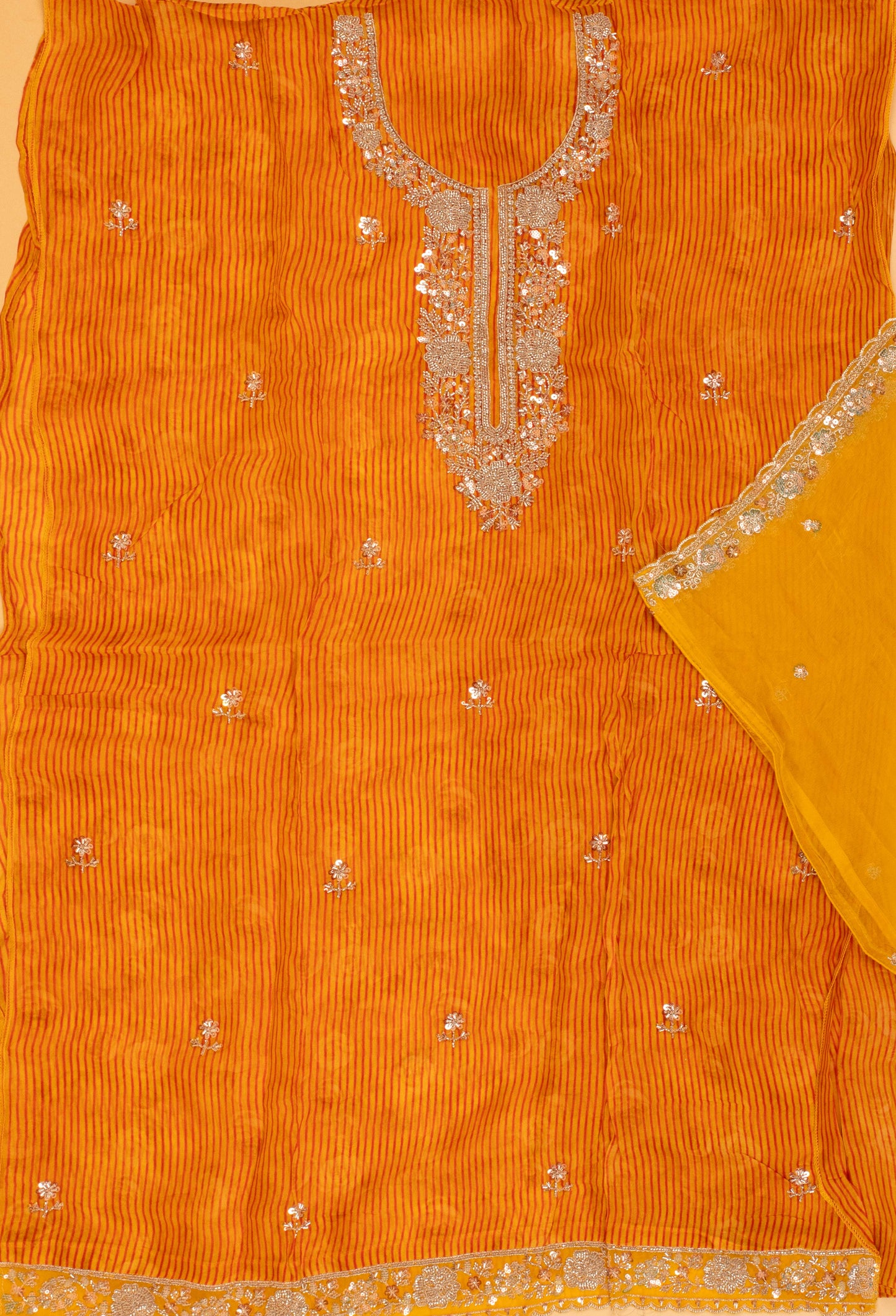 Yellow Striped Embroidered Unstitched Dress Material with Dupatta