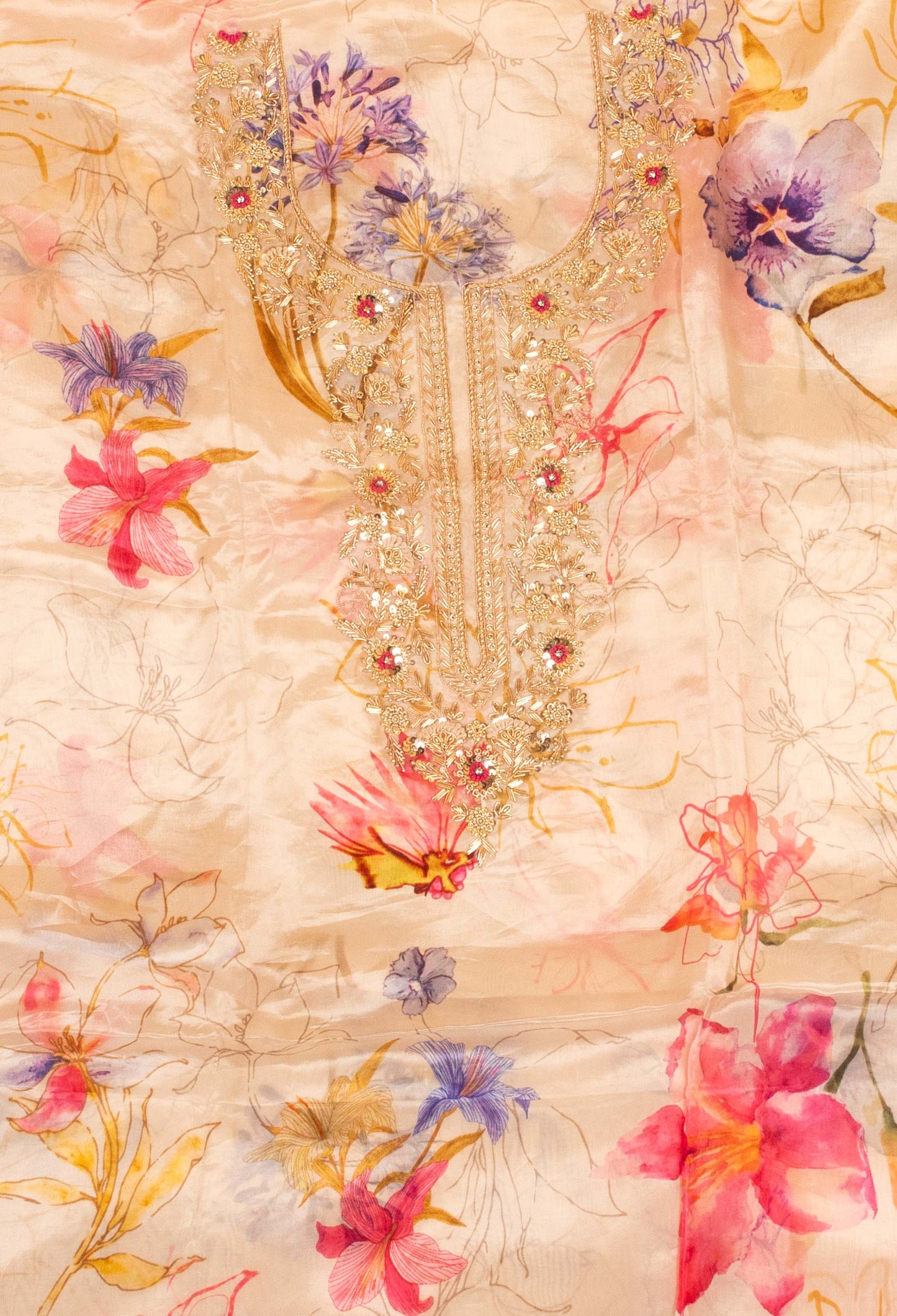 White Floral Embroidered Unstitched Dress Material with Dupatta