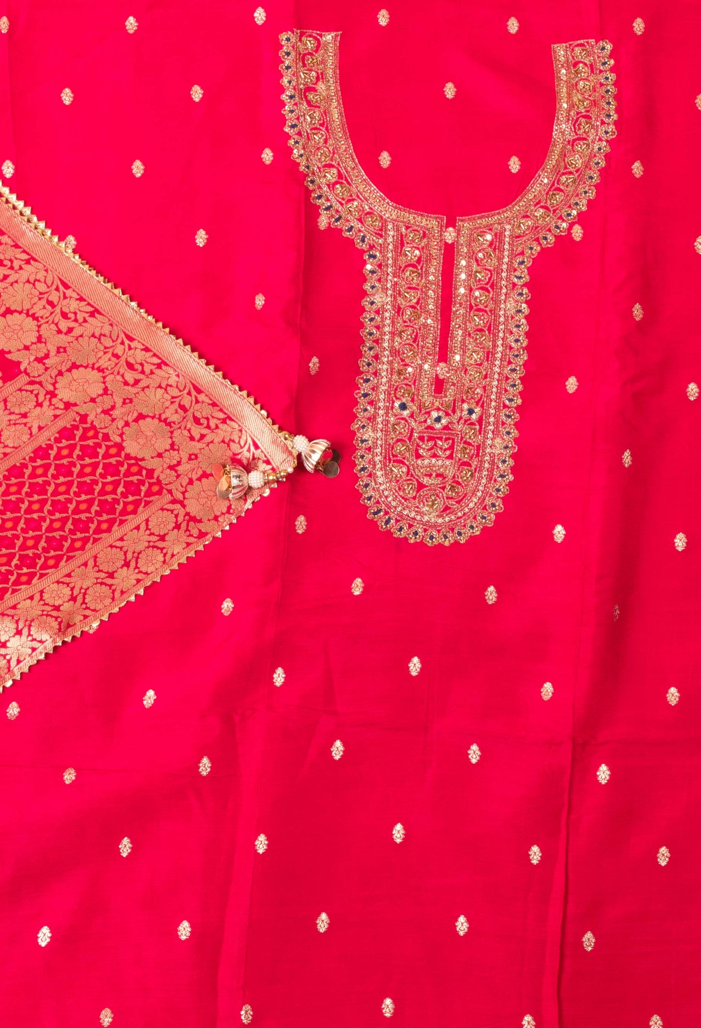 Rani Pink Embroidered Unstitched Dress Material with Woven Dupatta