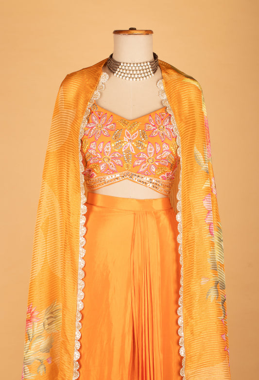 Orange floral embroidered crop top lehenga set with printed dupatta – product image 2
