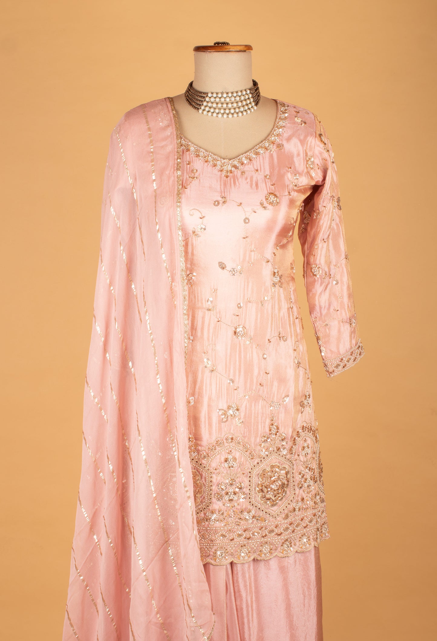 Blush Pink Embroidered Straight Cut Kurta Sharara Set with Dupatta