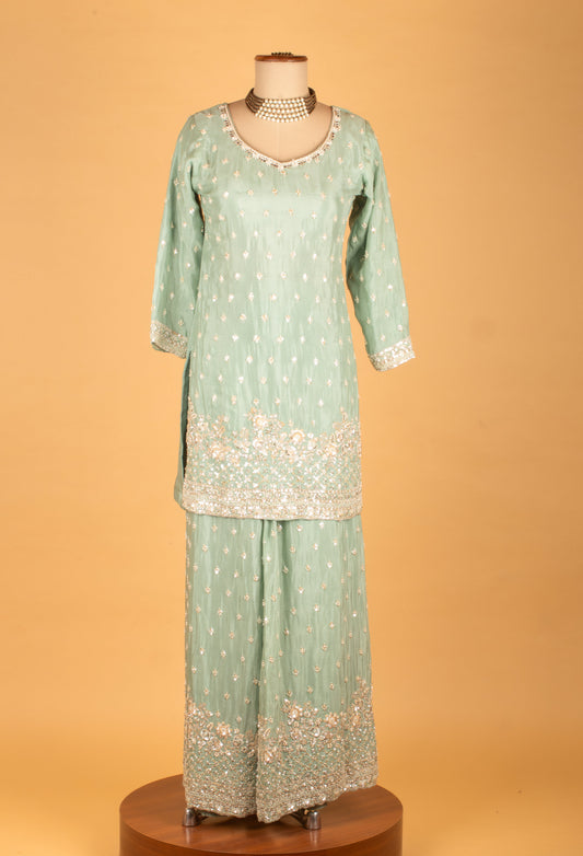 Mint green embroidered straight-cut kurta sharara set – product image 2