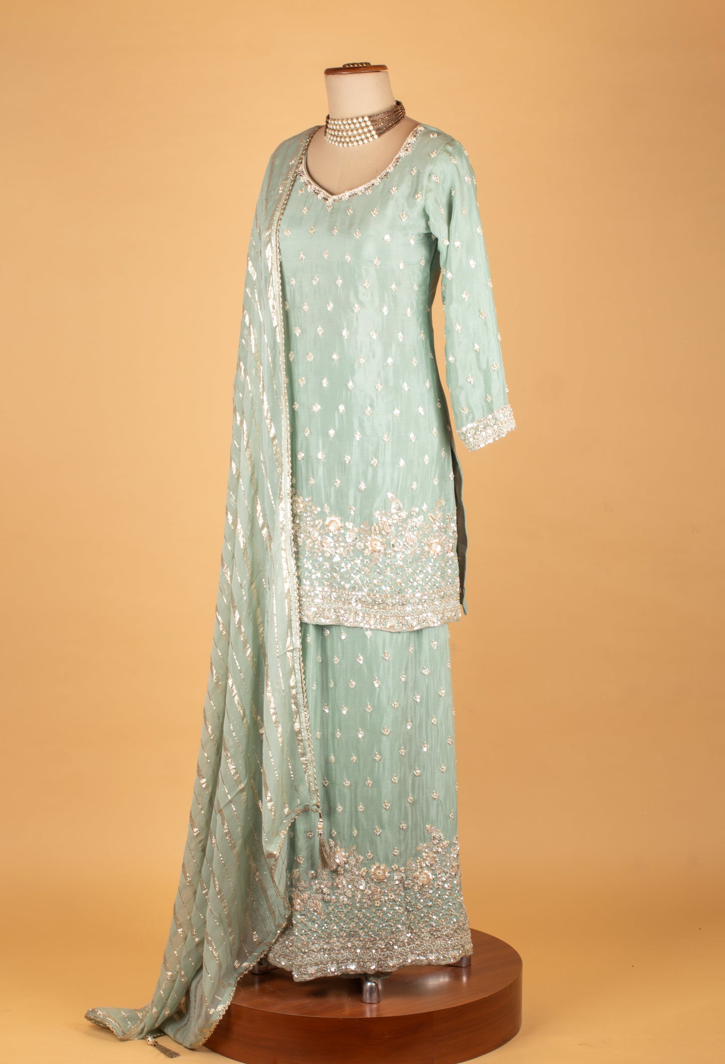 Mint Green Embroidered Straight Cut Kurta Sharara Set with Dupatta