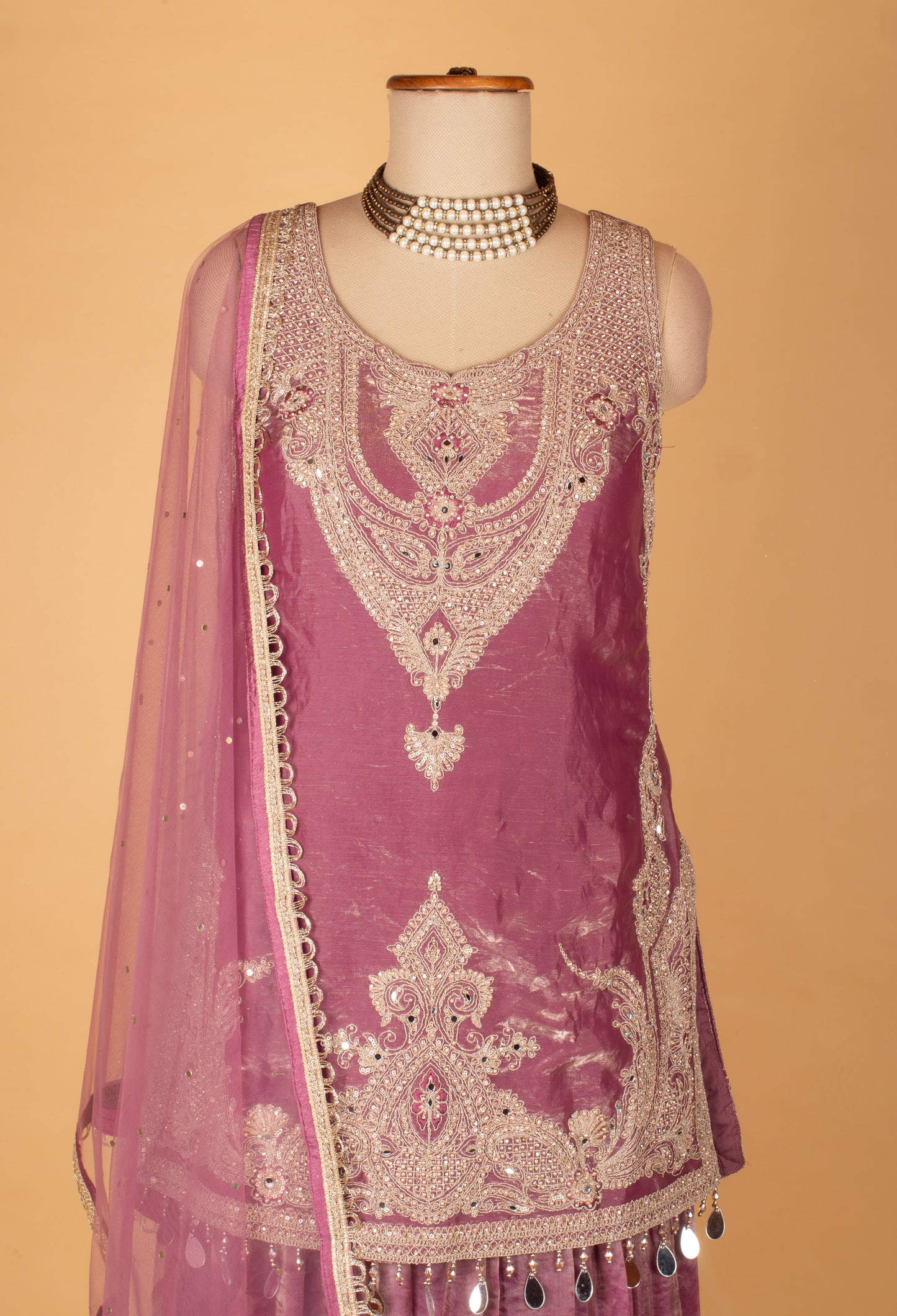 Wine Mauve Embroidered Straight Cut Kurta Sharara Set with Net Dupatta