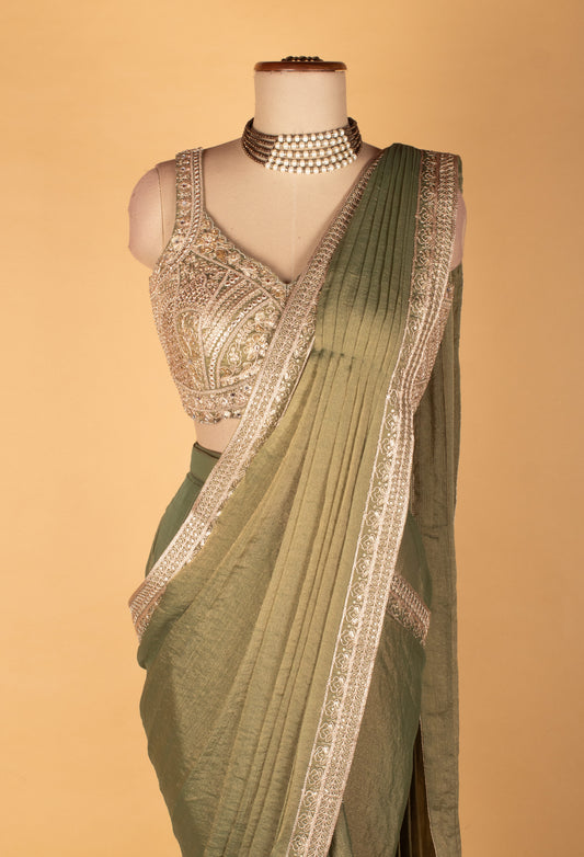 Olive green embellished saree with designer blouse – product image 2