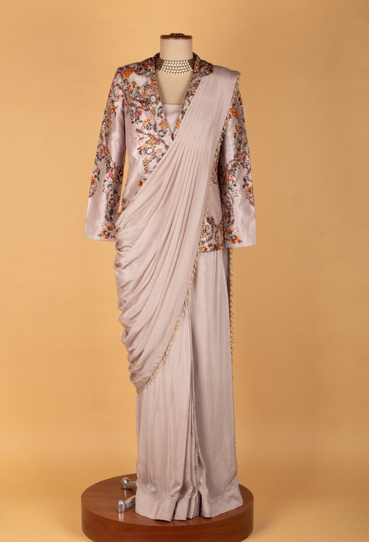 Ivory grey draped saree with printed jacket blouse – product image 2