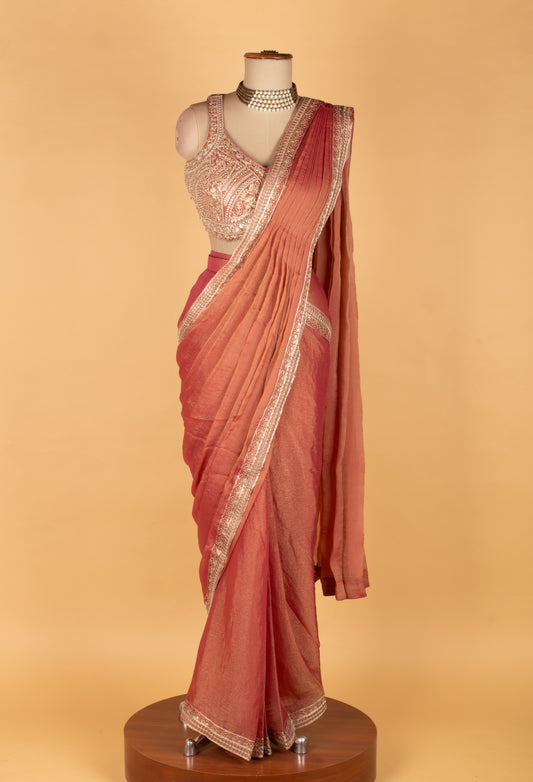 Rust rose embellished saree with designer sleeveless blouse – product image 2