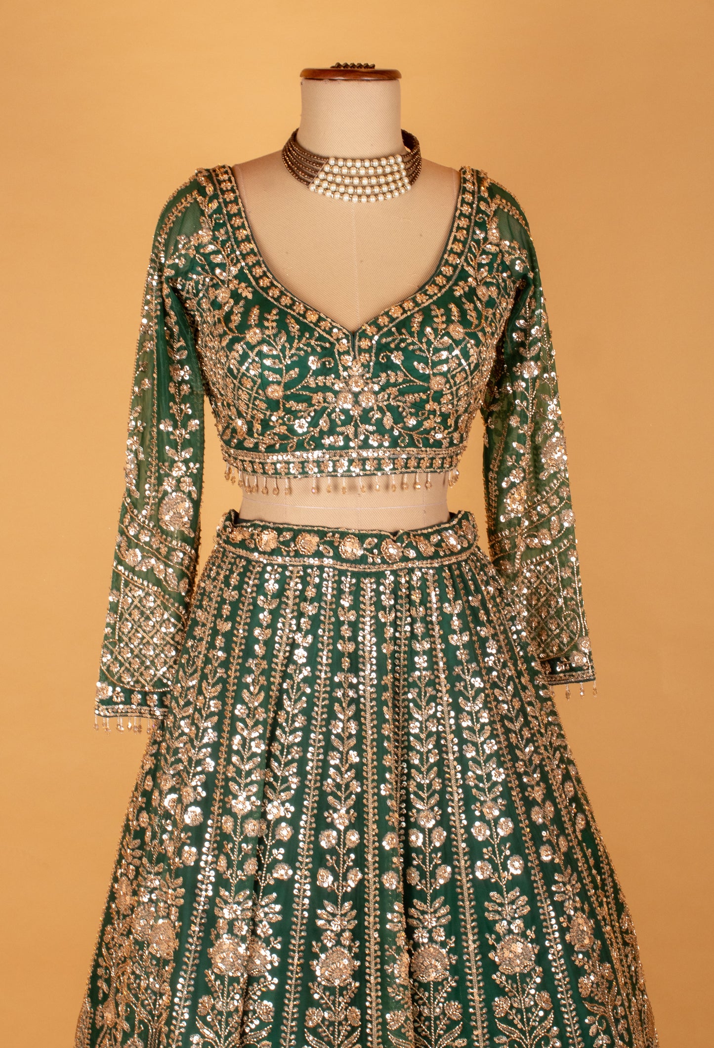 Emerald Green Heavy Embroidered Crop Top Lehenga Set with Net Dupatta