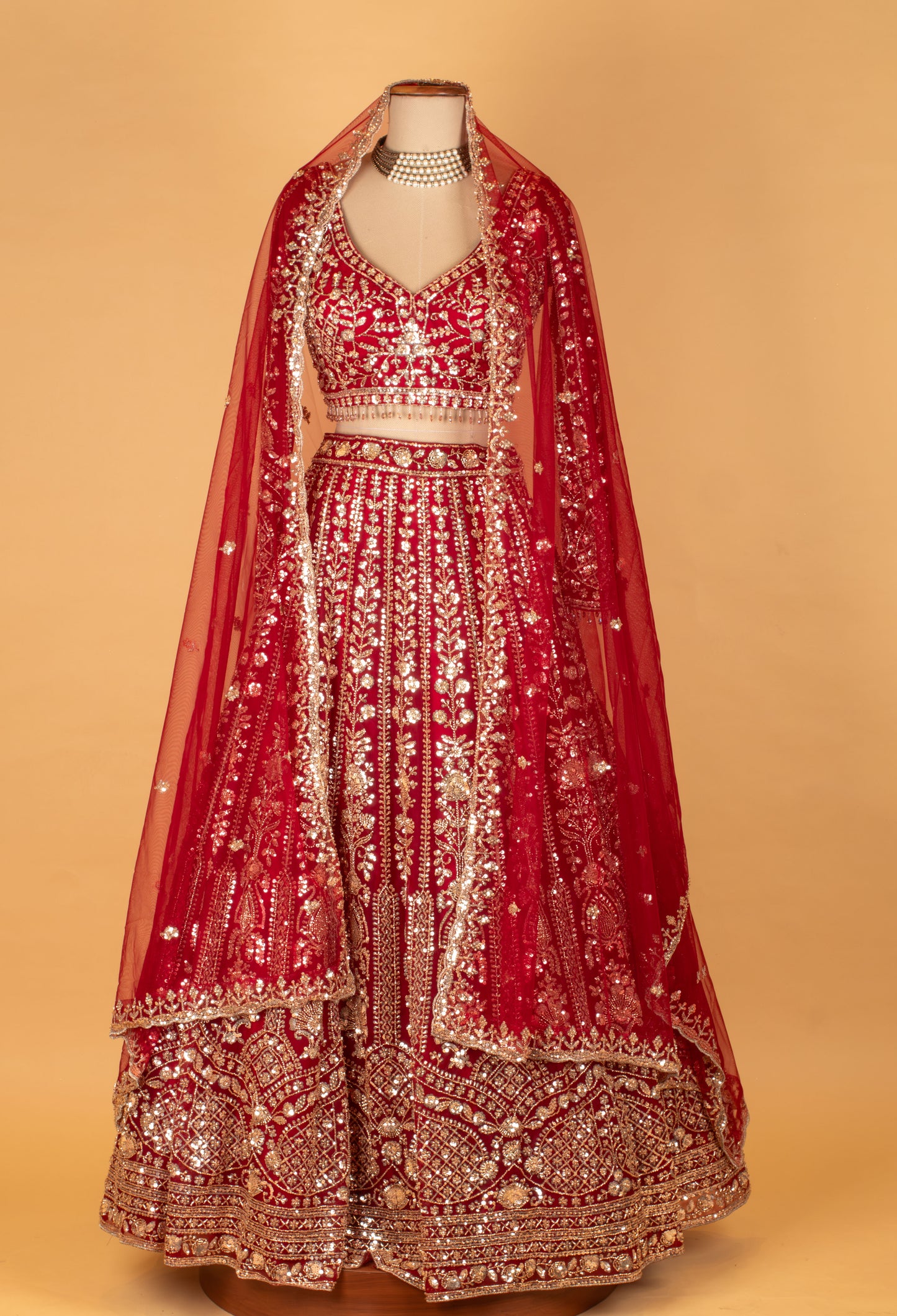 Bridal Red Heavy Embroidered Crop Top Lehenga Set with Net Dupatta