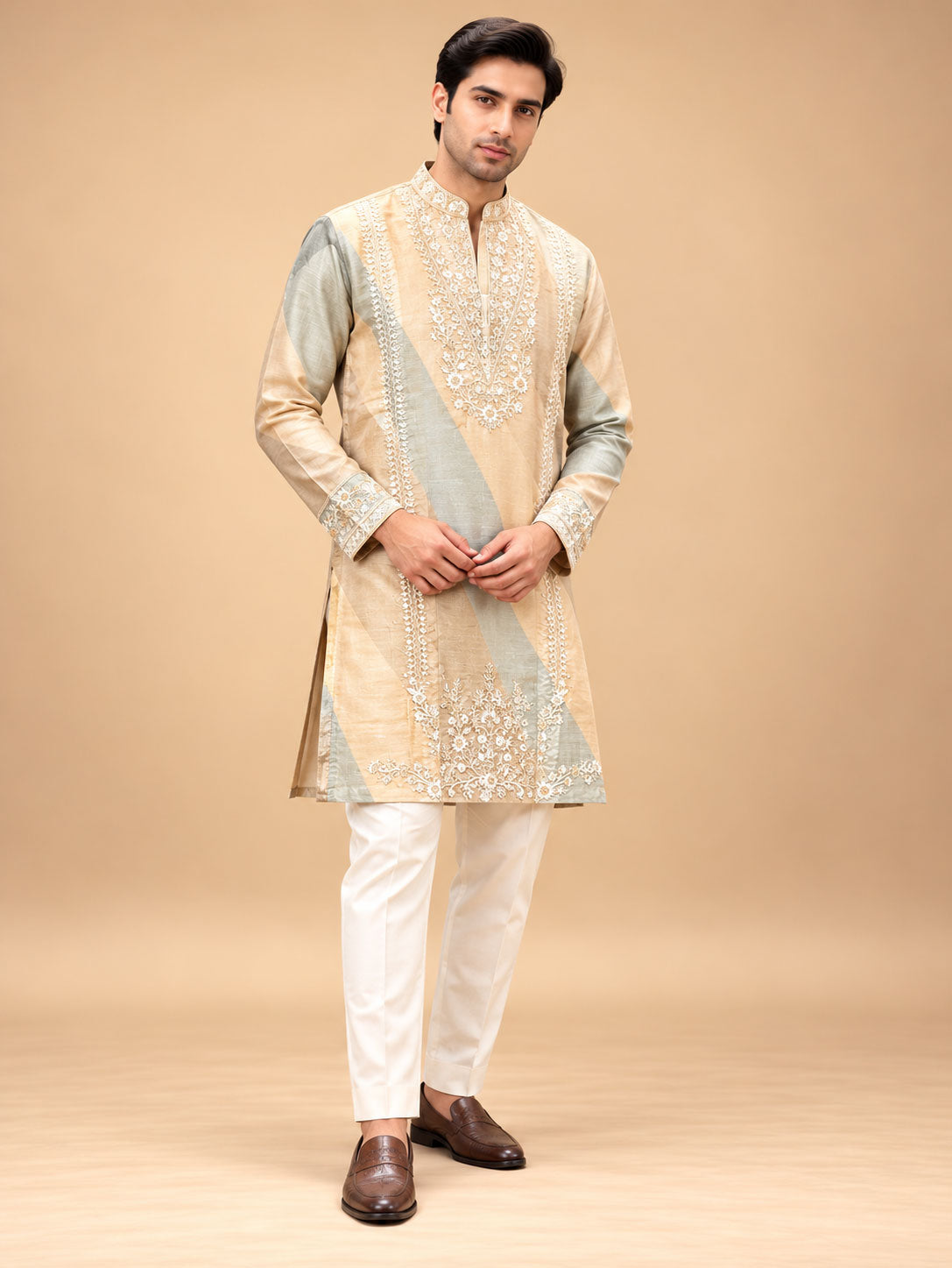Men’s Pastel Peach and Sage Green Embroidered Kurta Pant Set – product view 1