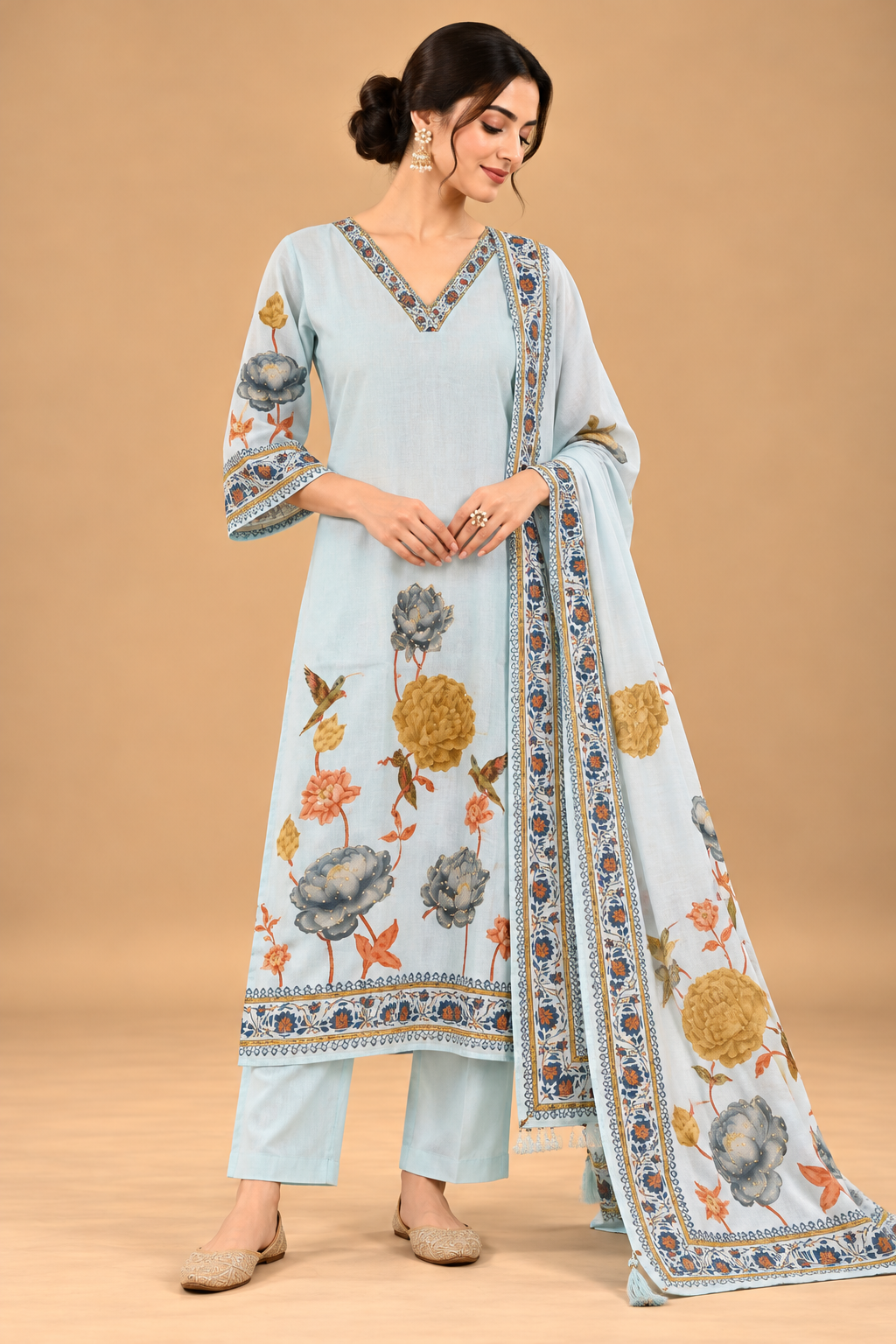 Elegant Pastel Sky Blue Floral Printed Straight Kurta Set with Pants and Dupatta for Women