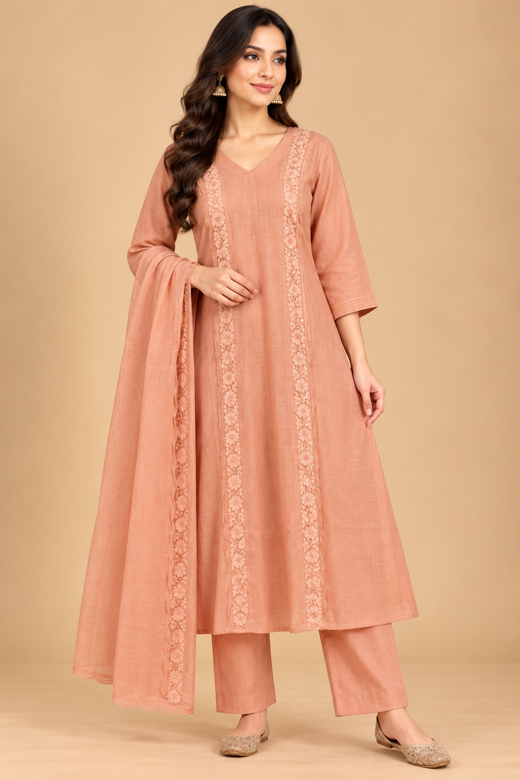 Peach Floral Embroidered A-Line Kurta Set with Matching Pants and Dupatta for Women