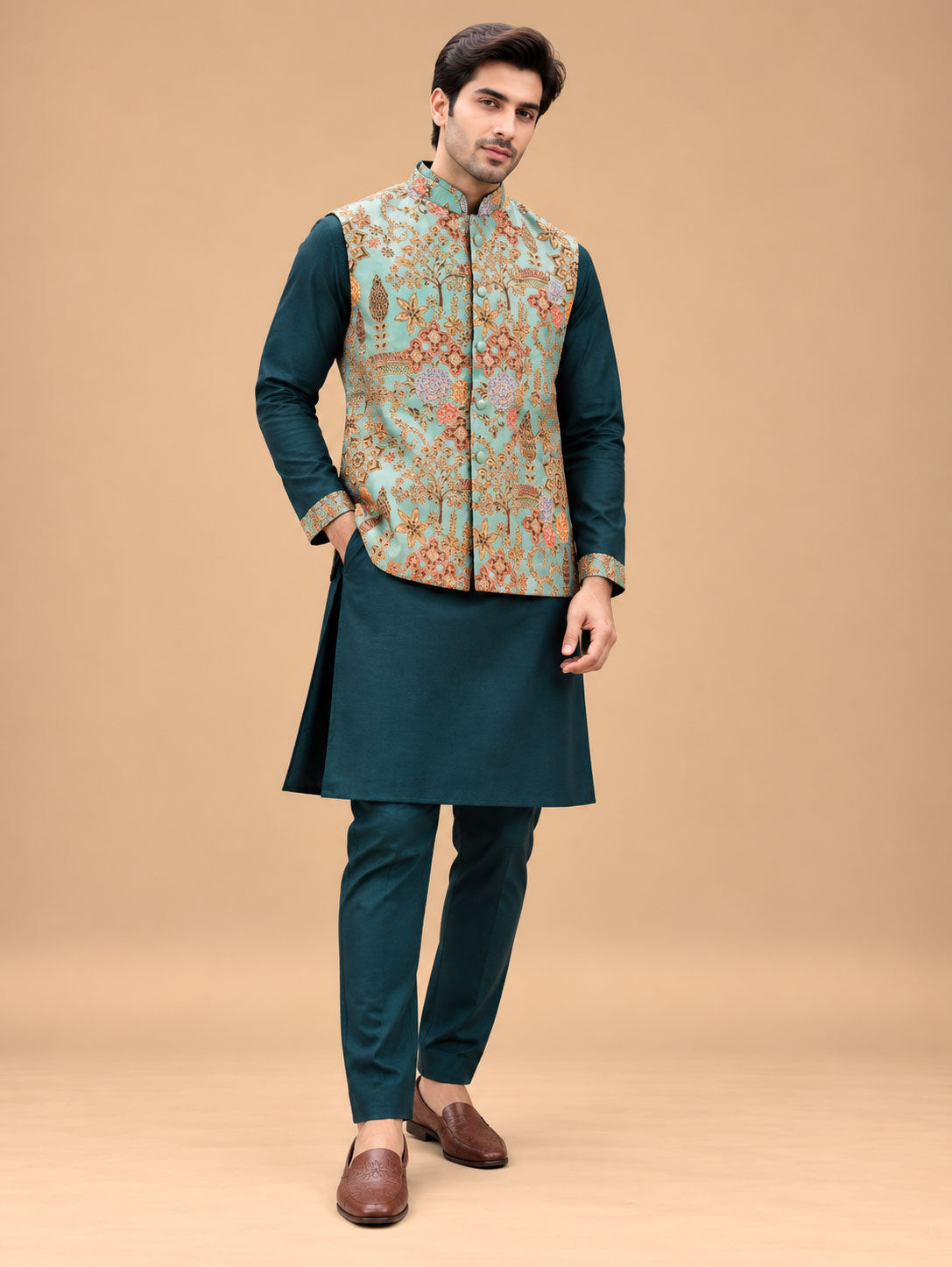 Teal Blue Kurta Set for Men with Aqua Green Floral Printed Nehru Jacket – product view 1