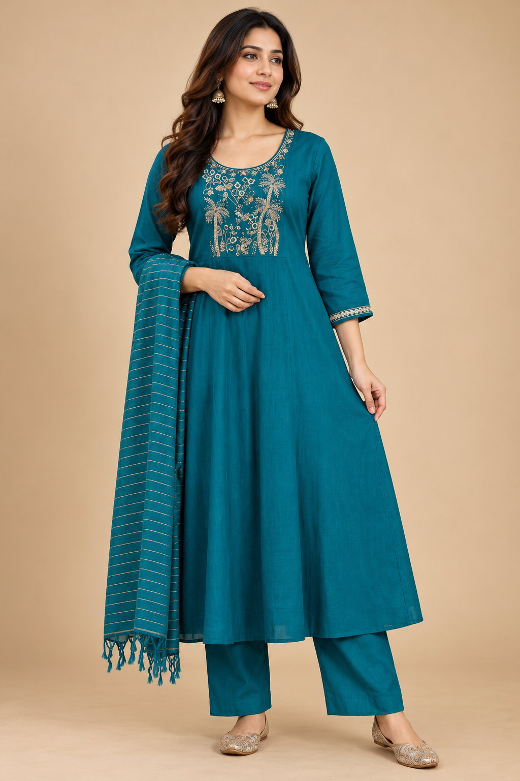 Teal blue embroidered Anarkali kurta set with striped dupatta and straight pants