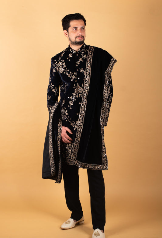 Royal blue velvet sherwani with heavy gold embroidery and dupatta – view 2