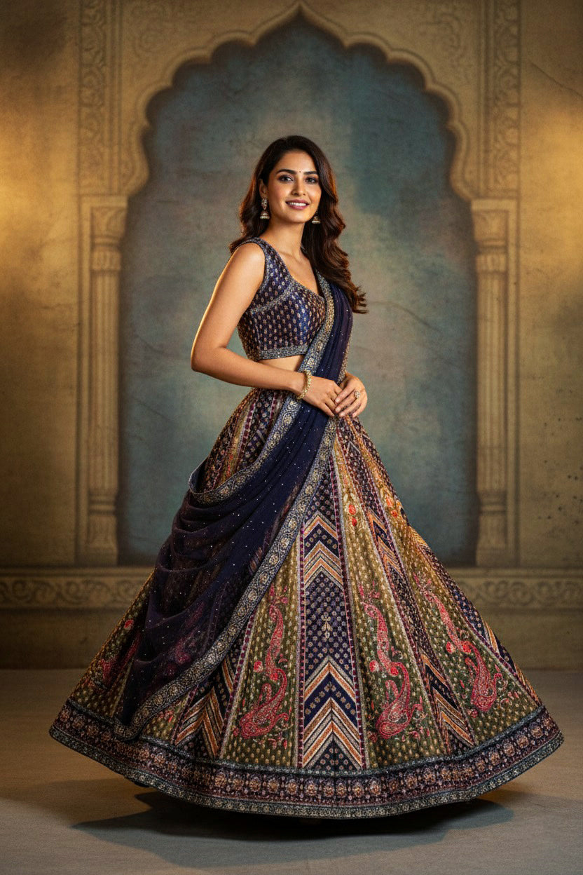 Elegant Navy Blue and Multi-Color Embroidered Lehenga Choli with Net Dupatta – Designer Indian Ethnic Wear
