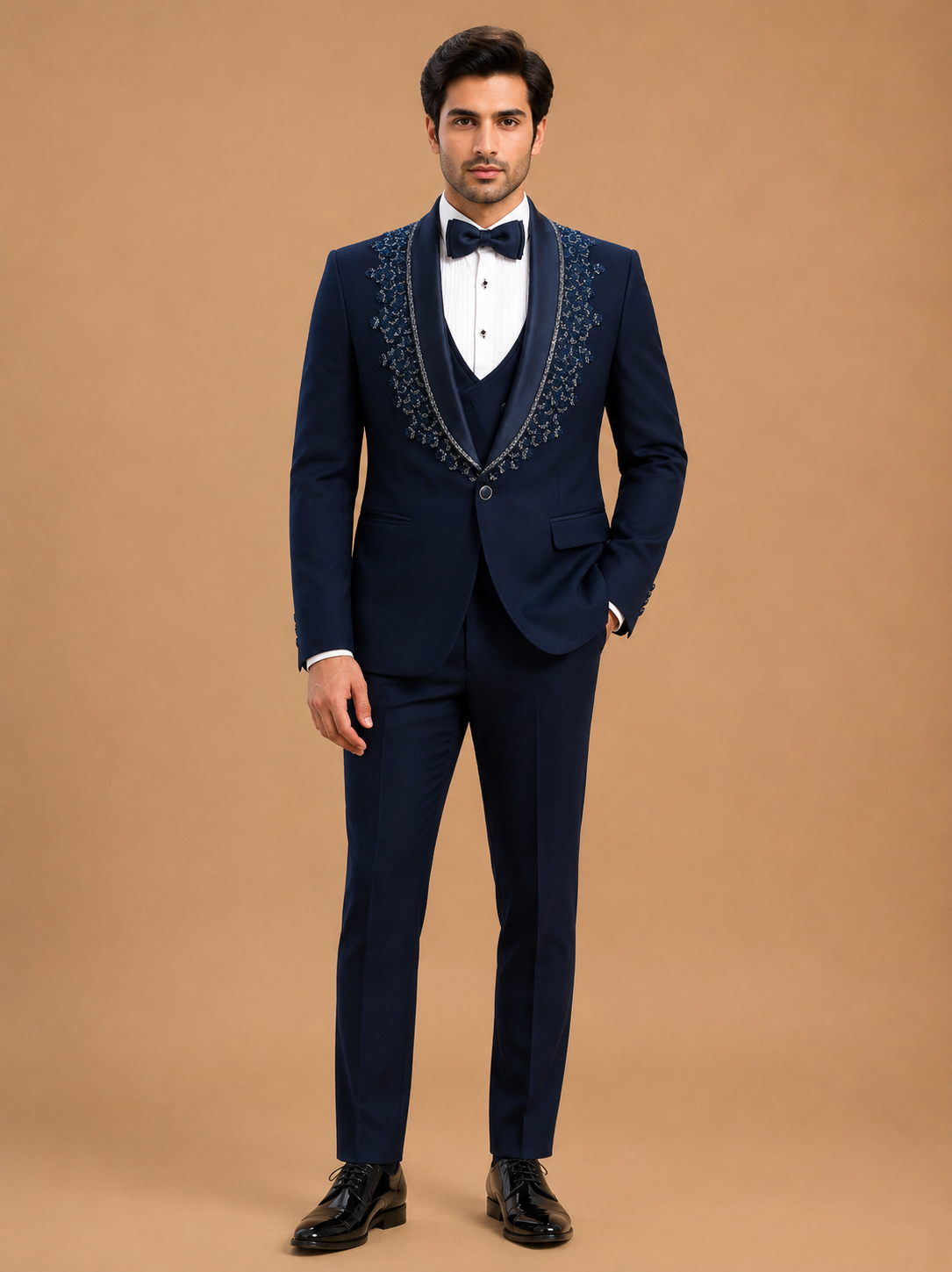 Guptas Textiles Annexe midnight blue tuxedo for groom reception wear in Bangalore