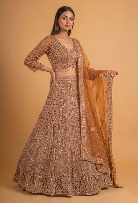 Copper gold sequin embroidered bridal lehenga at ASMA Bengaluru
