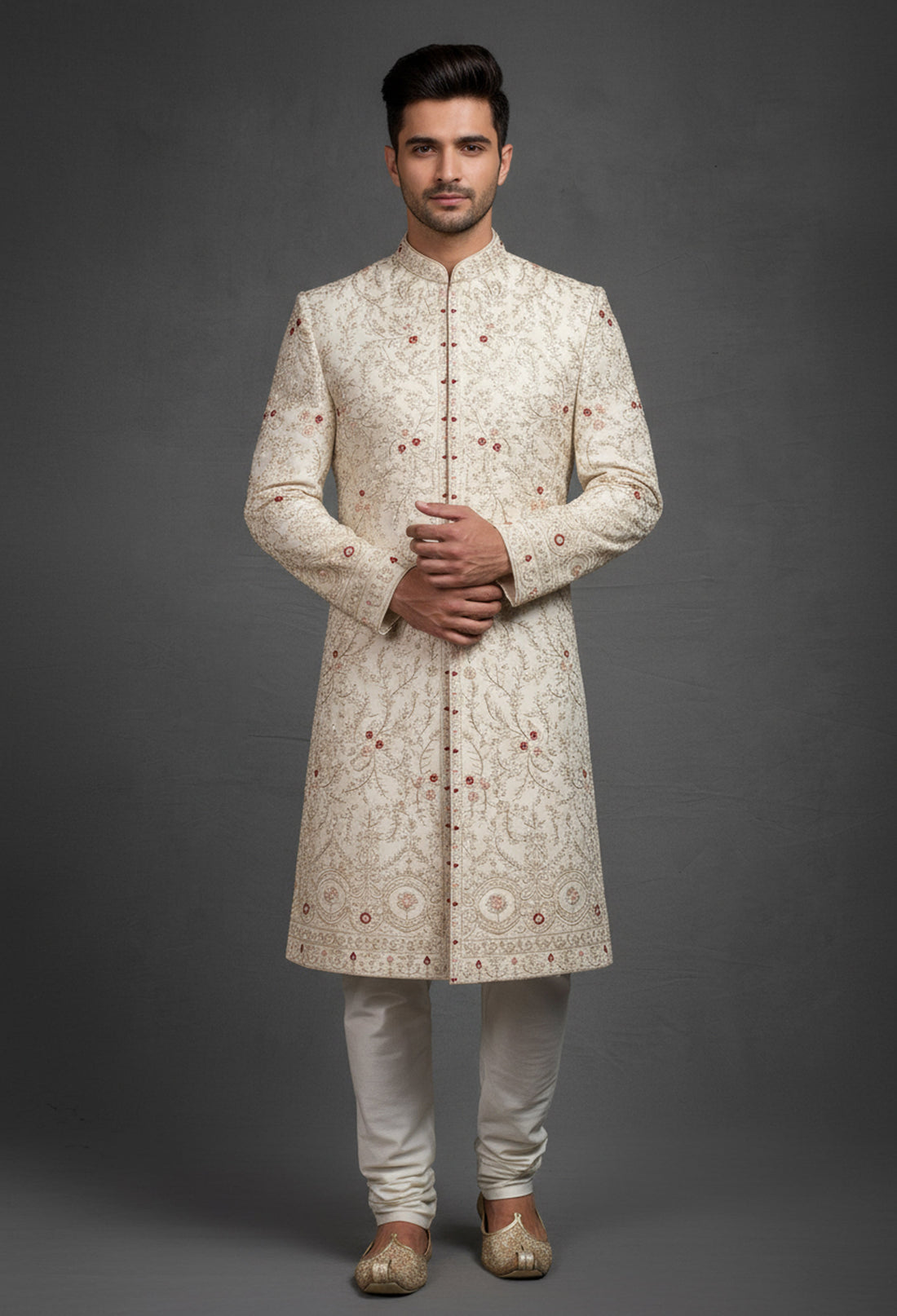 Cream embroidered sherwani for groom wear at Guptas Textiles Annexe Bangalore