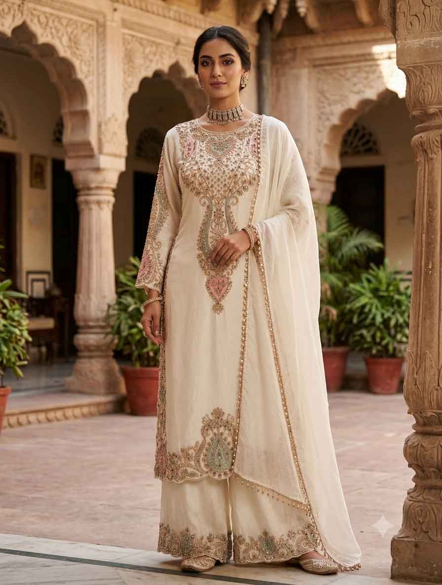 Ivory White Embroidered Anarkali Suit Set with Dupatta | Women's Festive Wear