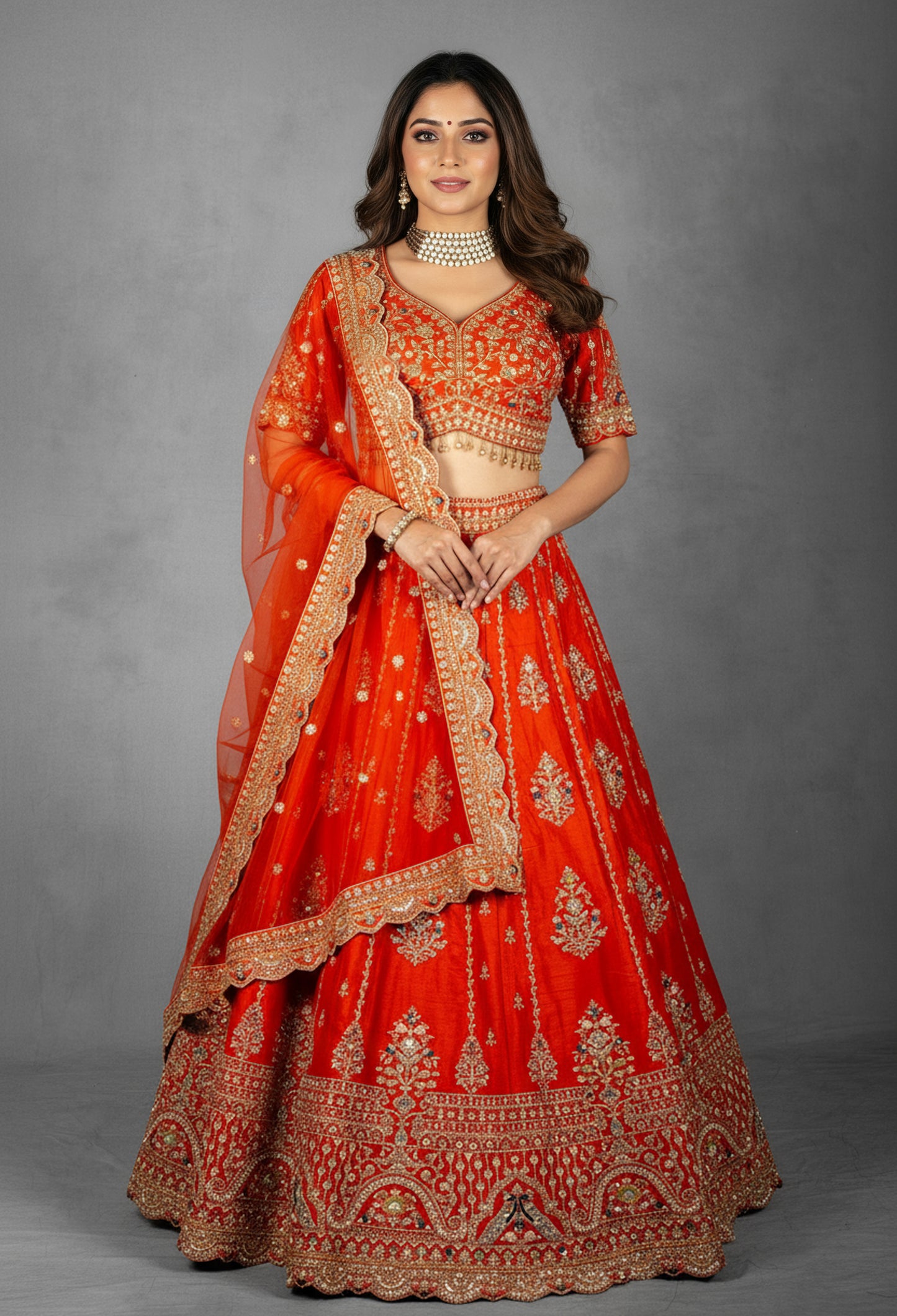 Orange-Red Embroidered Bridal Crop Top Lehenga Set with Net Dupatta