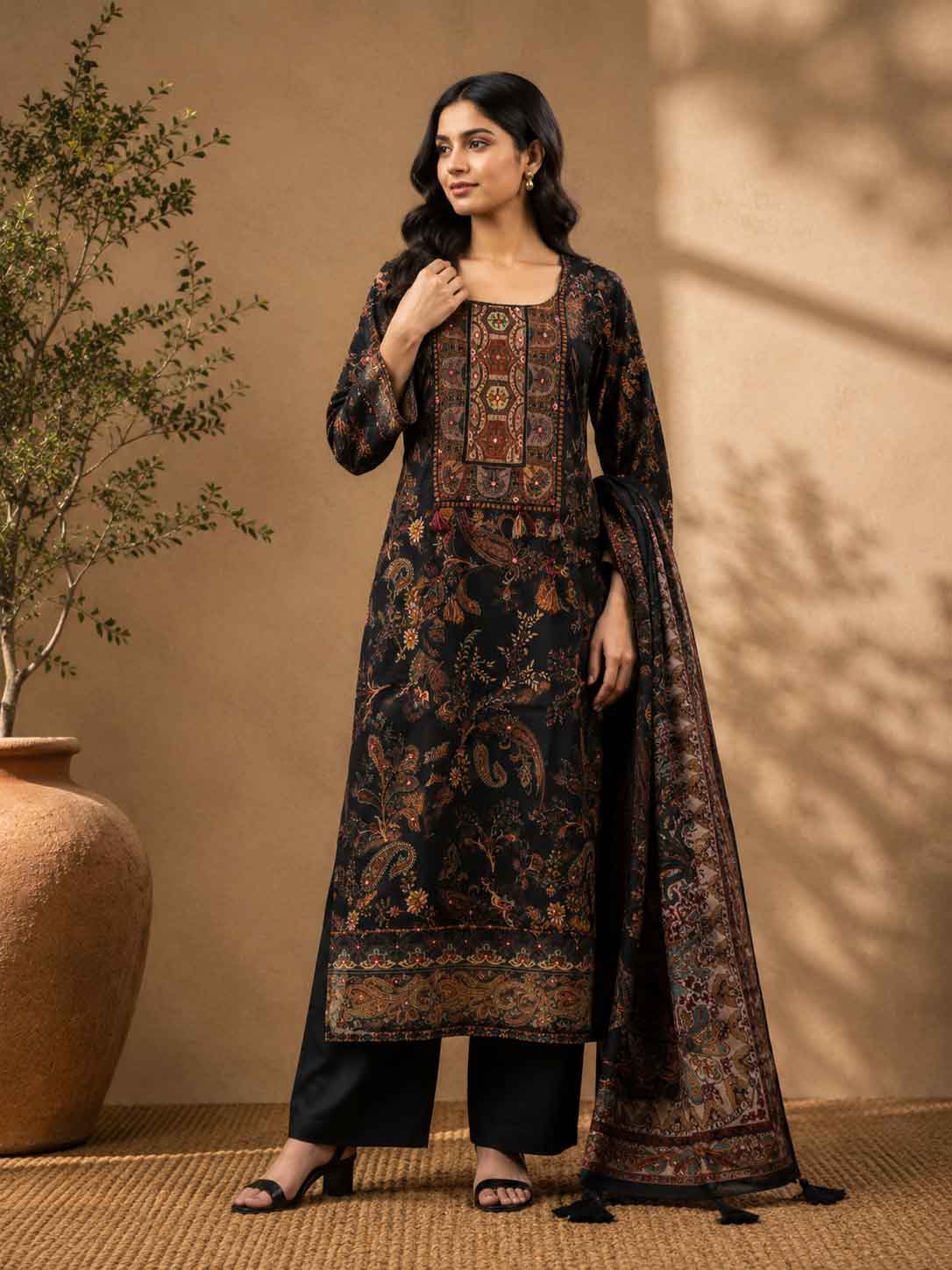 Black Printed Kurta Pant Set with Dupatta for Women | Elegant Ethnic Wear