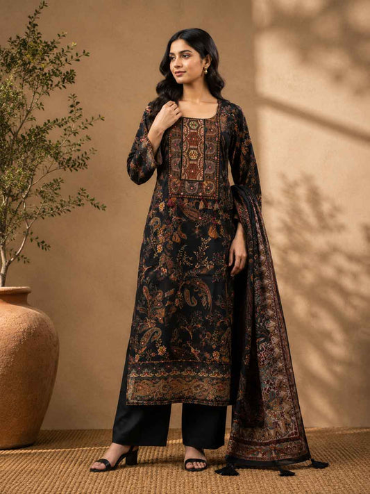 Front view of Black Printed Kurta Pant Set with Dupatta for Women by ASMA, Bengaluru