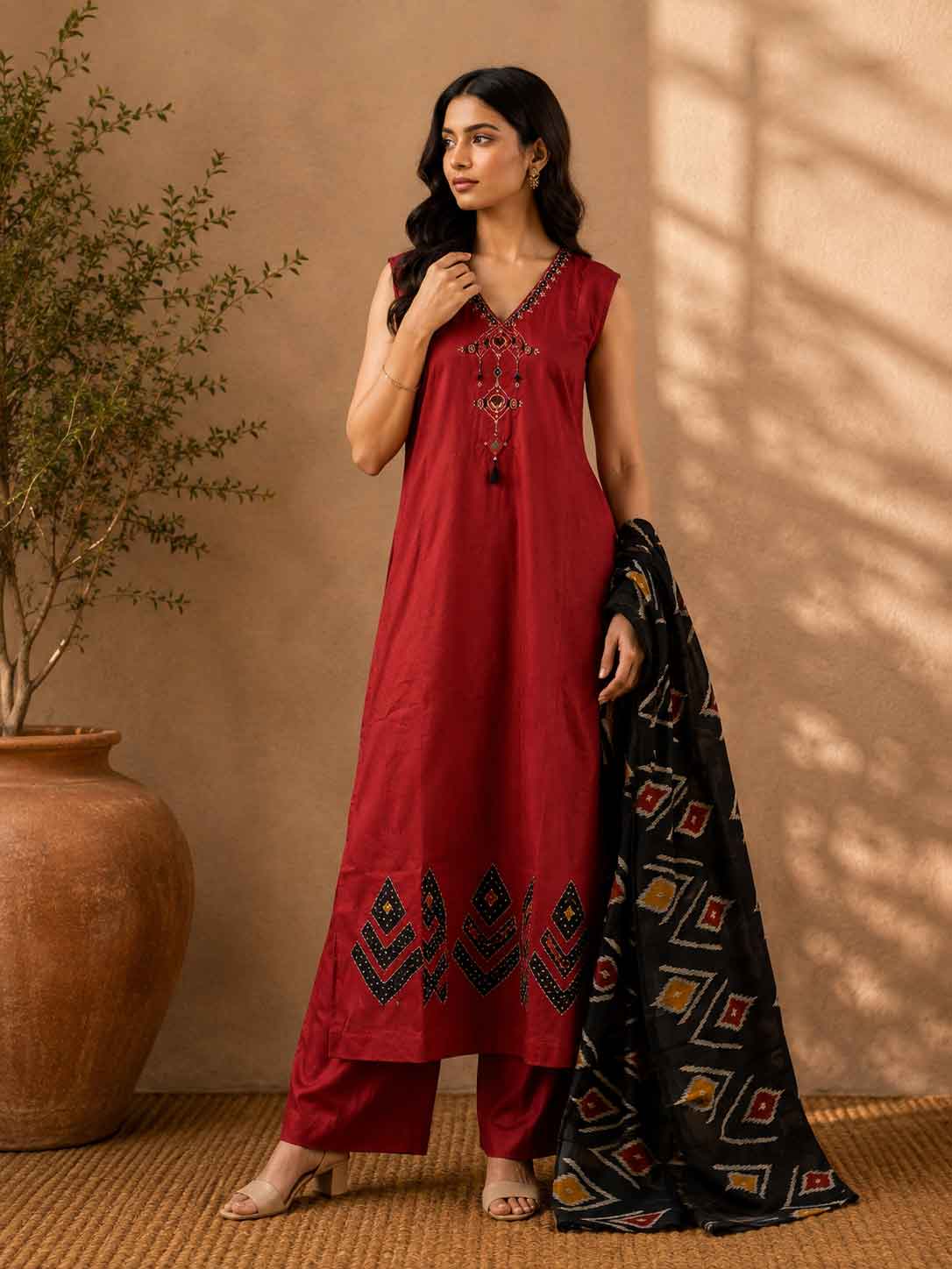 Maroon Embroidered Kurta Set for Women with Printed Dupatta | Sleeveless Ethnic Suit Set