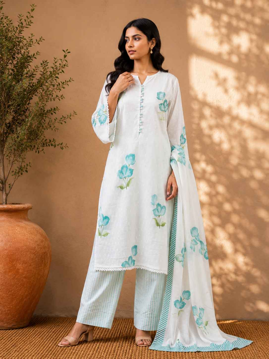 White Floral Printed Kurta Pant Set with Dupatta for Women | Elegant Ethnic Wear