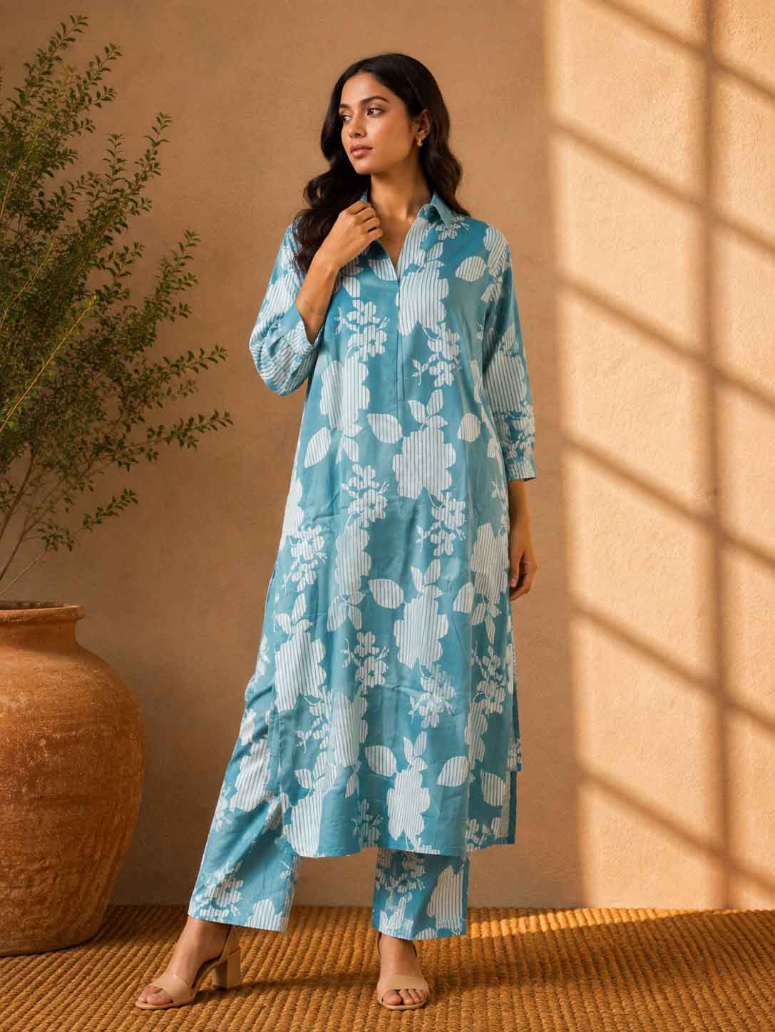 Aqua Floral Printed Kurta Pant Set for Women | Blue & White Ethnic Co-Ord Set