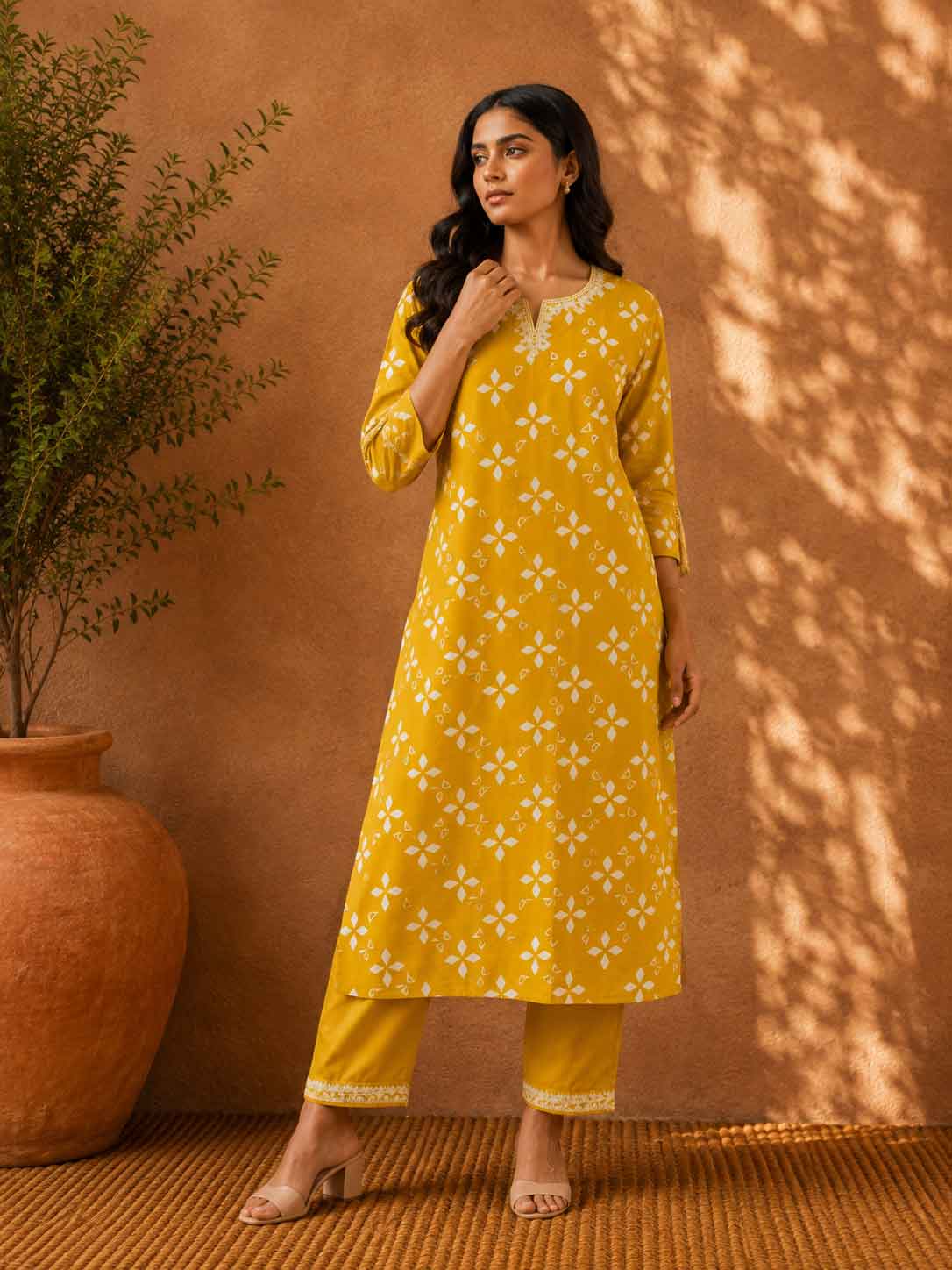 Mustard Yellow Printed Kurta Set for Women | Geometric Printed Straight Kurta with Pants
